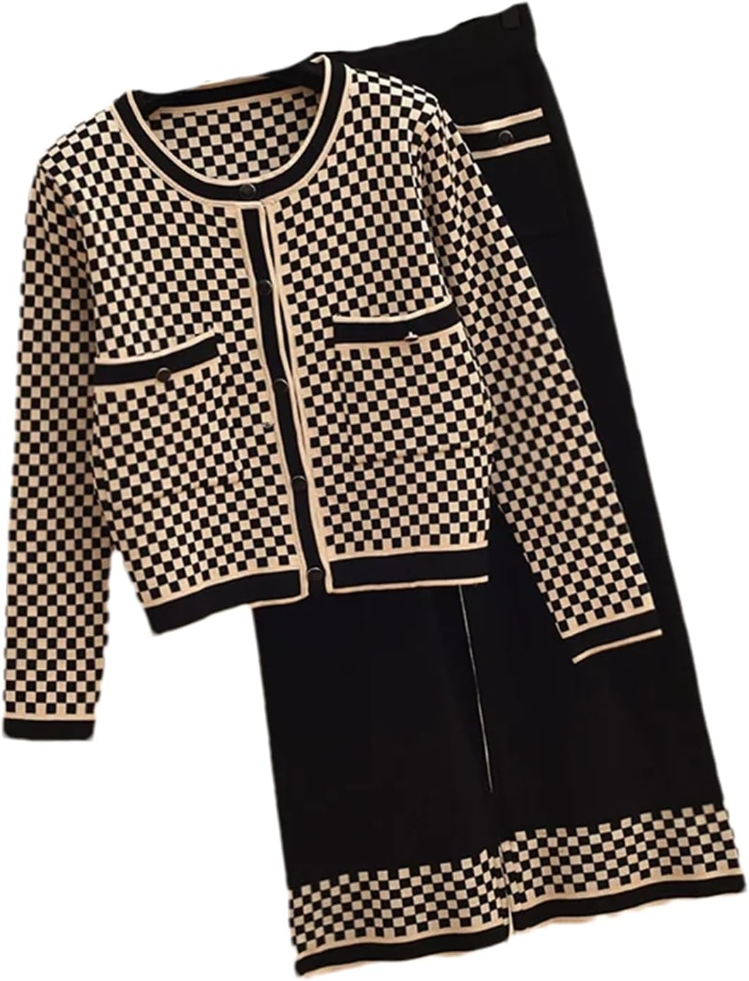 Plaid 2 Piece Sets Women Knitted O Neck Long Sleeve Cardigan Sweater+Casual Wide Leg Pants Autumn Tracksuits Suits