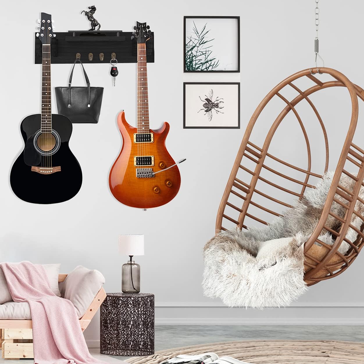 TCJJ Double Guitar Wall Mount, Guitar Wall Hanger with Guitar Accessories Storage Shelf, Pick Holder and 4 Hooks, Wood Guitar Rack Wall Holder (Black)