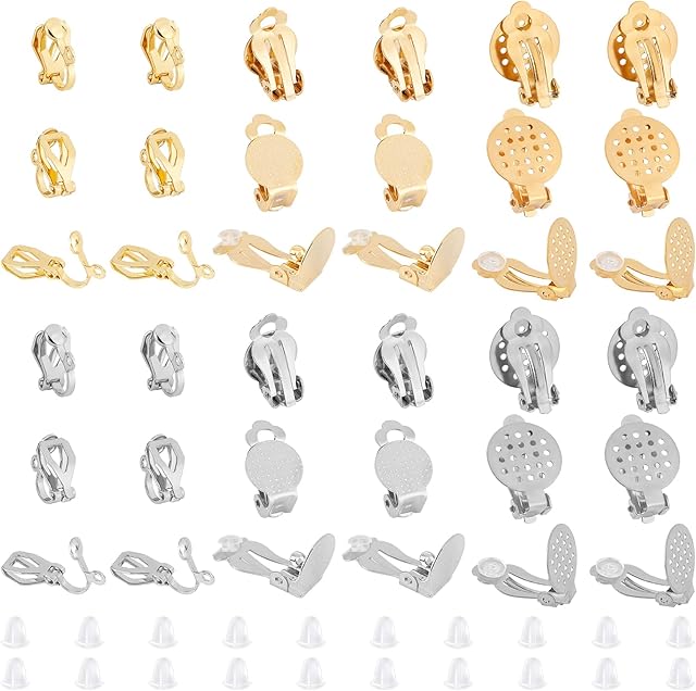 DICOSMETIC 36pcs 3 Styles 2 Colors 304 Stainless Steel Flat Round Clip-on Earring Findings Non Piercing Earrings Disc Clip-on Earring Converter with 50pcs Plastic Ear Nuts for Earring Jewelry DIY