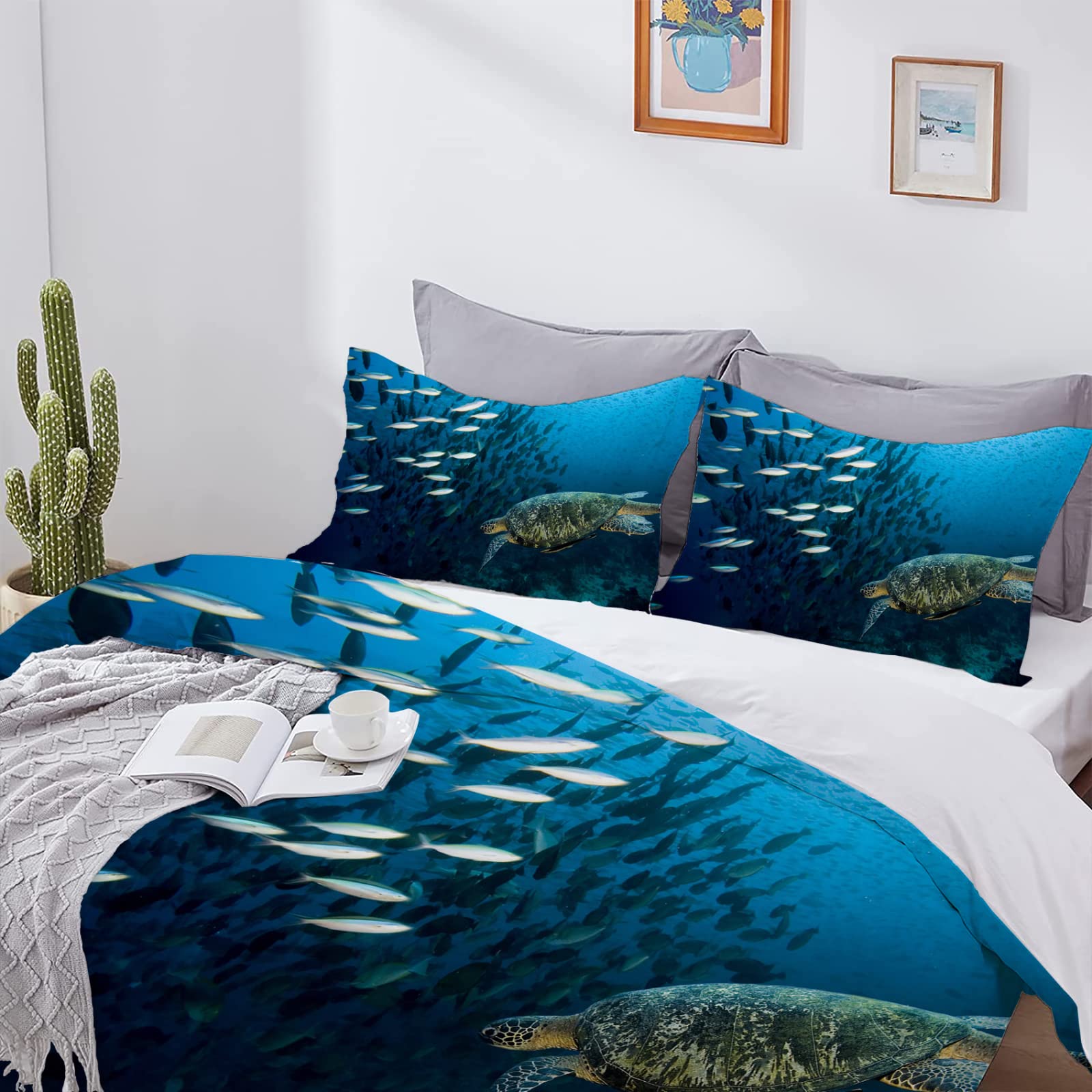 Dubbele dekbedovertrek set schildpad, zachte microvezel 3D-print beddengoed sets voor kinderen, tieners, volwassenen, dekbedovertrek 200x200 cm en 2 kussenslopen 50x75 cm met rits