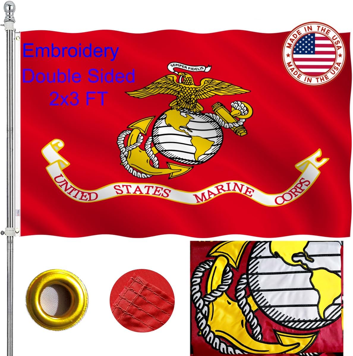 US Marine Corps Embroidered Military Flags 3x5 Outdoor Made in USA - Double Sided USMC Flag 2 Ply Embroidery United States Marine Corps Flag 2 Brass Grommets Vivid Colors All-weather