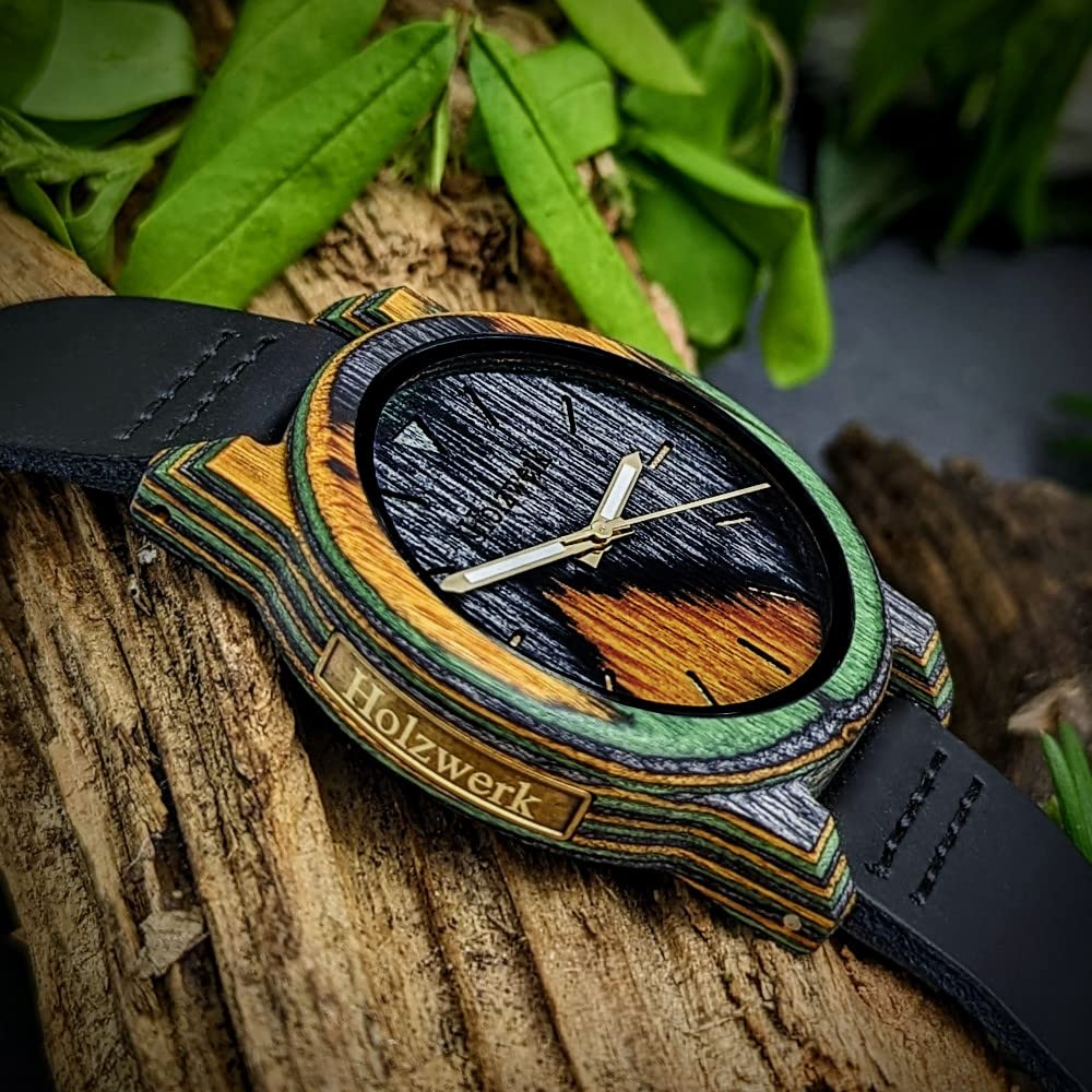 Holzwerk Germany Ręcznie wykonany zegarek unisex damski zegarek męski ekologiczny naturalny drewniany zegarek skórzany zegarek analogowy klasyczny zegarek kwarcowy brązowy kolorowy zielony