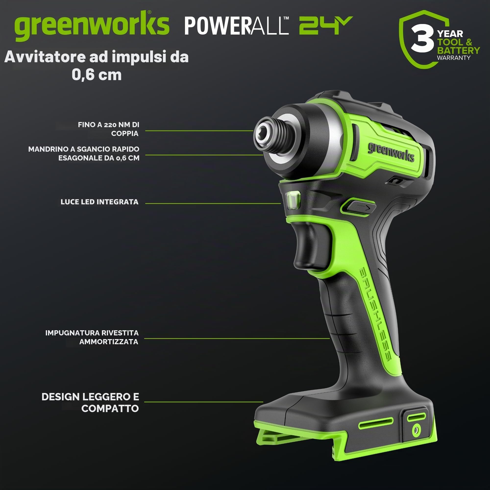 Greenworks 24V Trapano Avvitatore a Batteria 45Nm + 220Nm Avvitatore a impulsi a batteria Brushless, (2) batterie USB-C 2.0Ah (12.000mAh) e caricatore veloce USB-C da 65W (3 porte) CK321