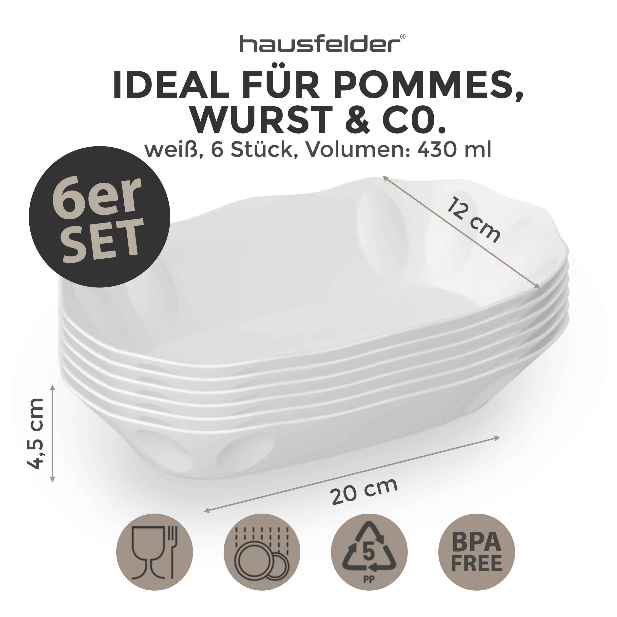 Hausfelder Set di 6 ciotole per patatine fritte e salumi di curry riutilizzabili in plastica bianca (set da 6 pezzi)
