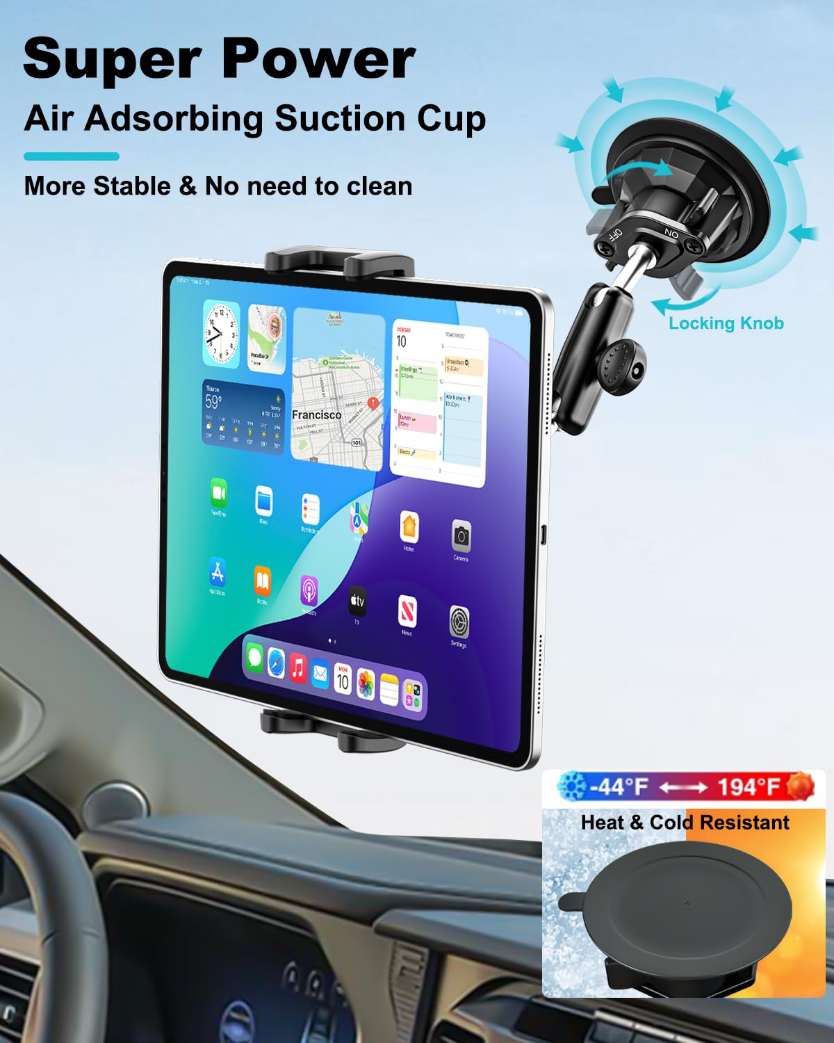 Soporte Tablet Ventosa Fuerte [Brazo Aluminio Robusto] Soporte Tablet Coche Salpicadero Parabrisas Rotación de 360° para iPad 10,9 iPad 12.9 Air Mini, Galaxy Tab, iPhone, 4-13" Tableta