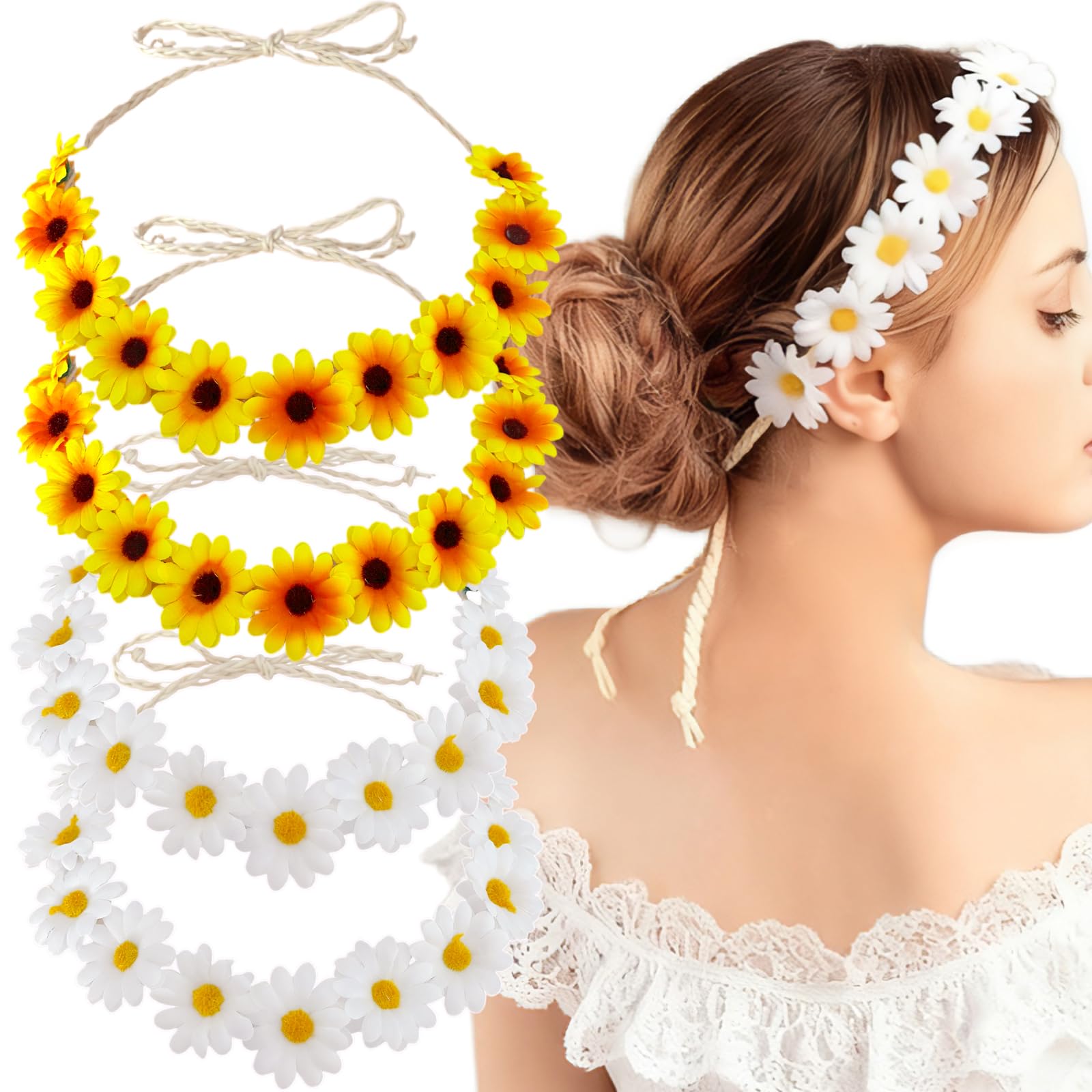 Ypkia 2 Stück Sonnenblumen Stirnband+2 Stück Gänseblümchen Stirnbänder Damen Verstellbar Böhmisches Blumen Kopfschmuck für Fasching Karneval Party Kostüm Zubehör