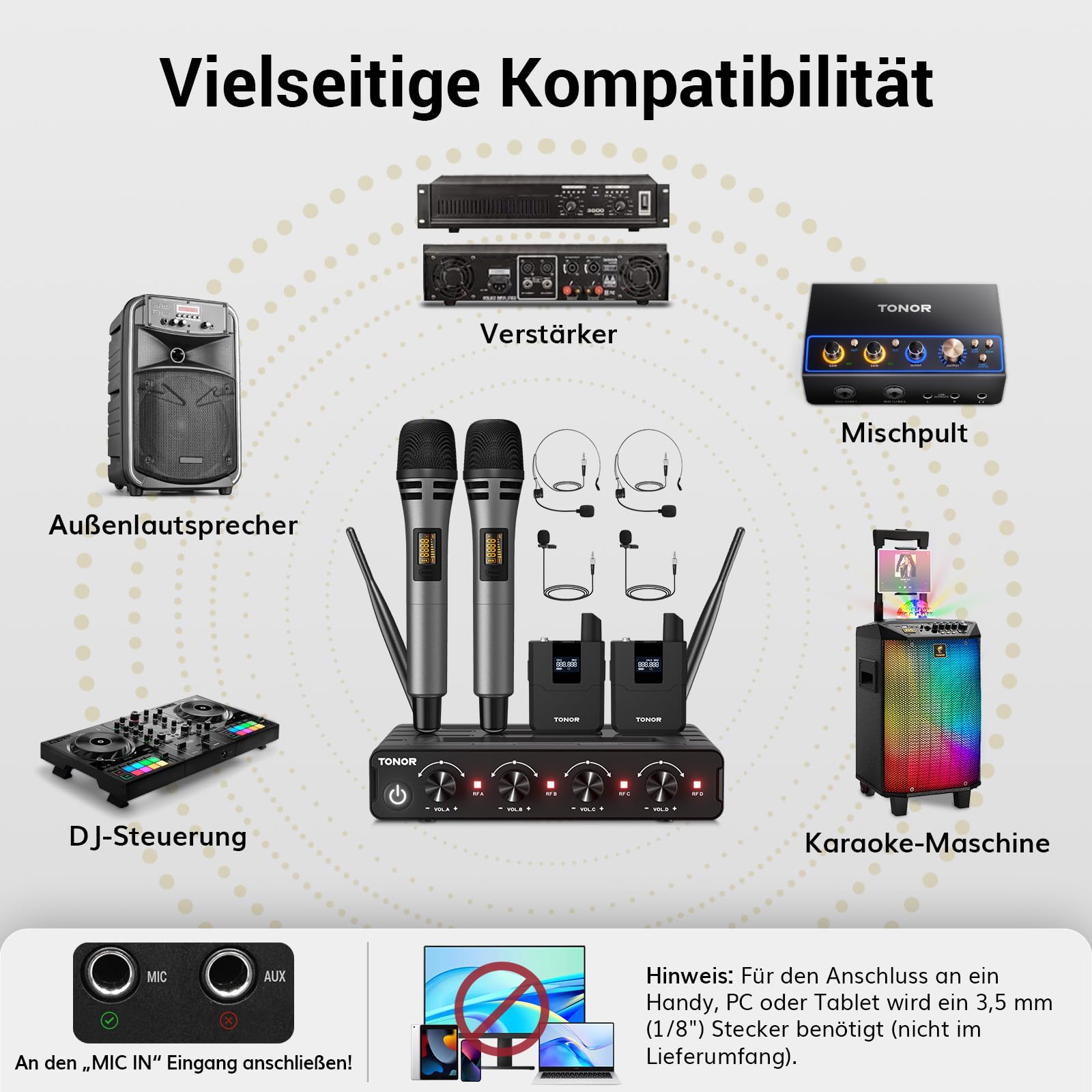 TONOR UHF Mikrofon Kabellos Set 4x5 Frequenzen 60 m Reichweite für Gesang Karaoke PA System TW362