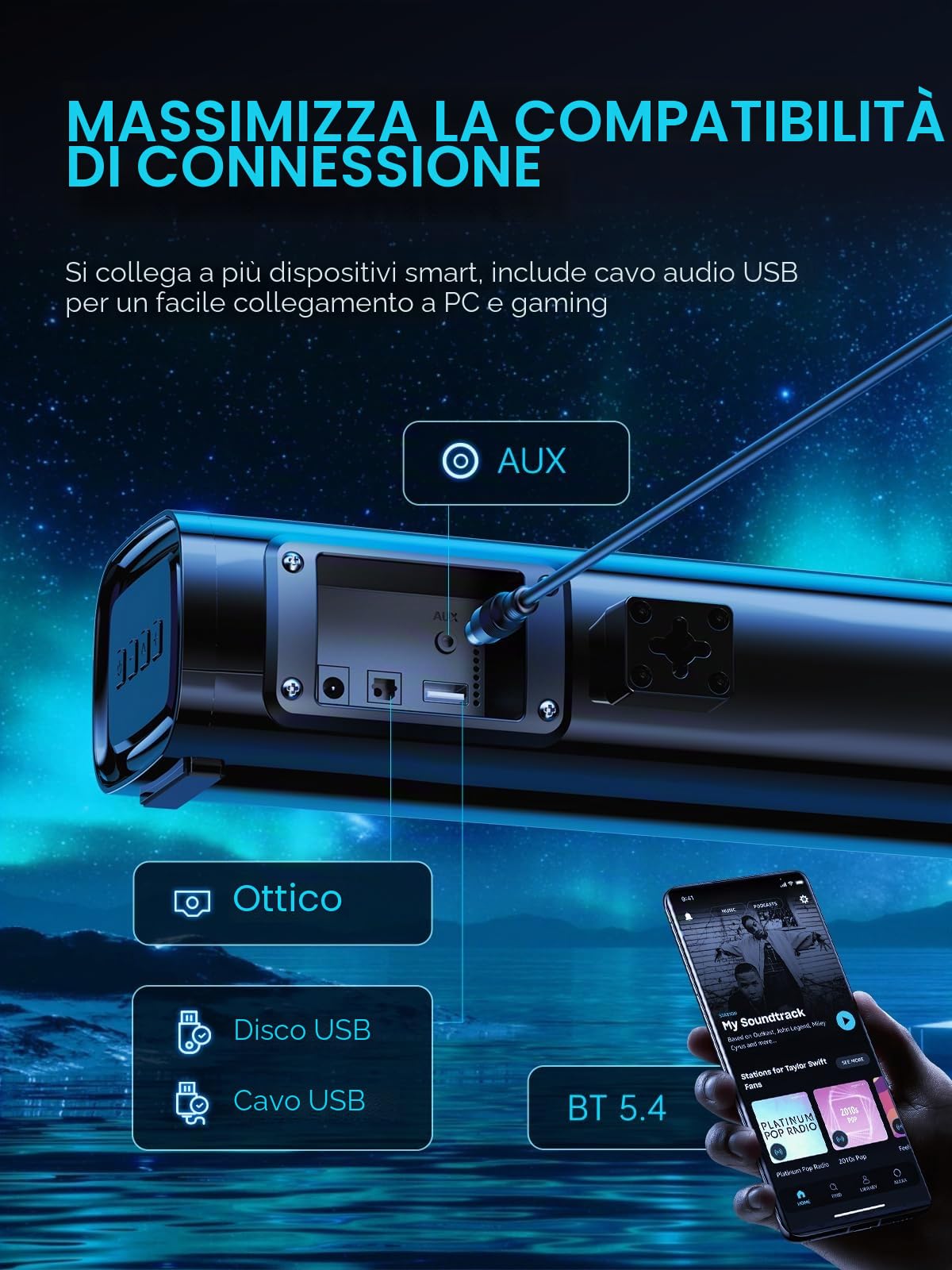 Soundbar TV con Subwoofer Integrato, 2.1ch Soundbar PC Mini, 60W Casse TV Sound Bar Compatta, Home Theater con USB Digital Audio/BT5.4/Ottico/AUX, Voice Enhance 3 EQ, Montaggio a Parete