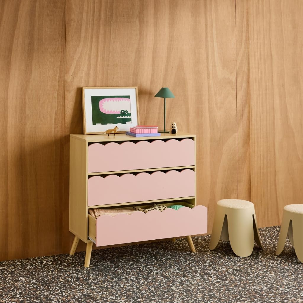 sweeek - Commode Enfant décor Bois Rose 3 tiroirs. Pieds Bois de pin - 80 x 30 x 79 cm - Azur