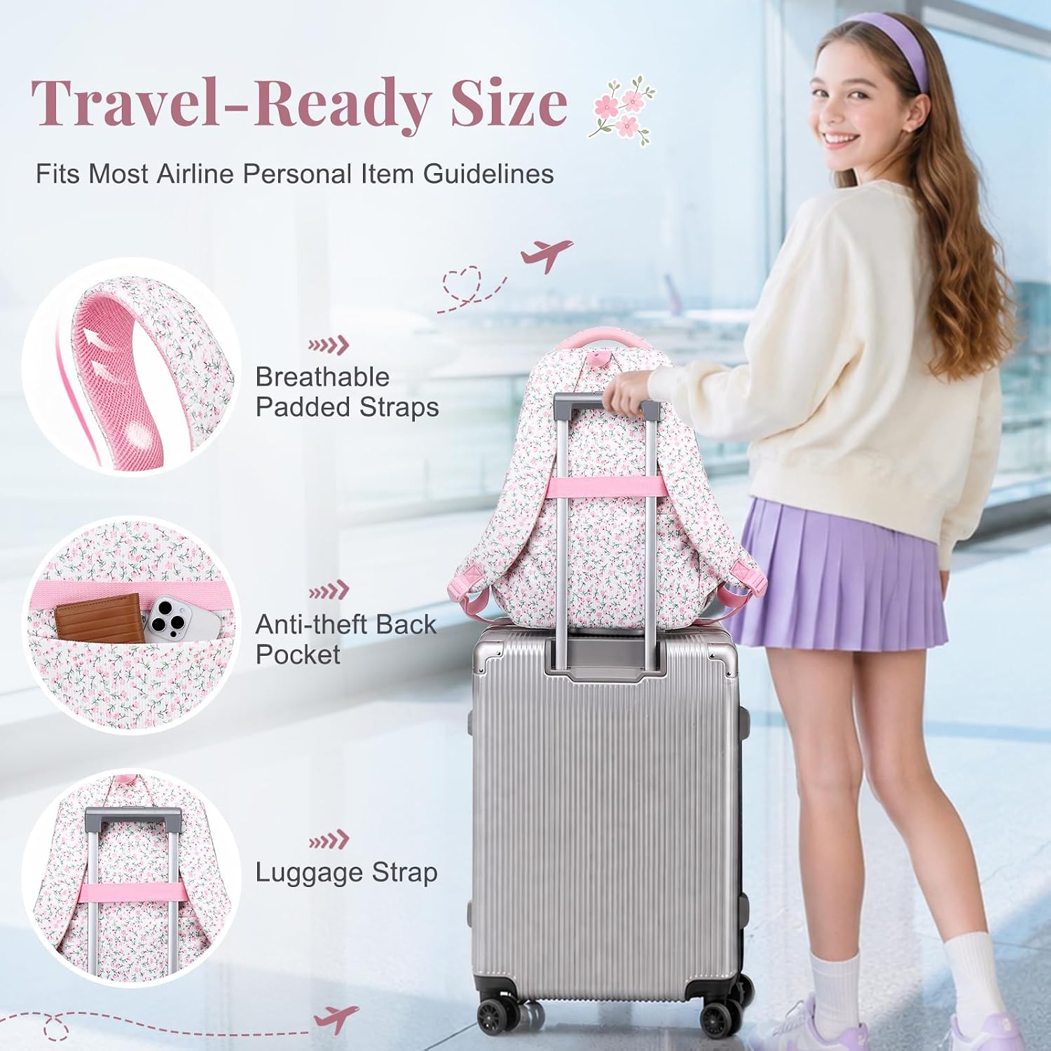MUSEVOS Girl Backpack for Kid, Cute Kawaii Corduroy School Bag Pink Flower