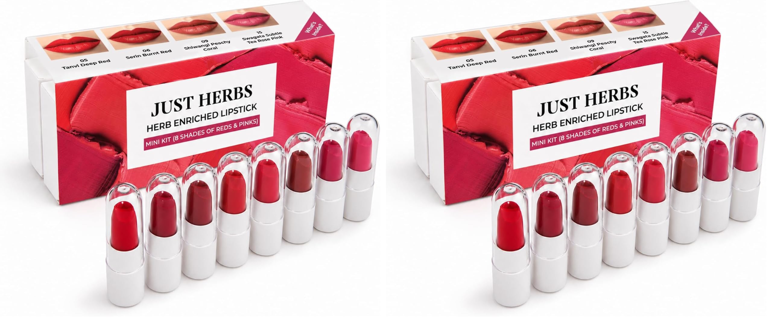 Just Herbs Herb Enriched Lipstick Kit | 8 Creamy Matte Shades | Travel Friendly & Richly Pigmented | Infused with Ashwagandha, Brahmi & Castor Oil | Curated for Indian Skin Tones (Reds & Pinks)-image-37