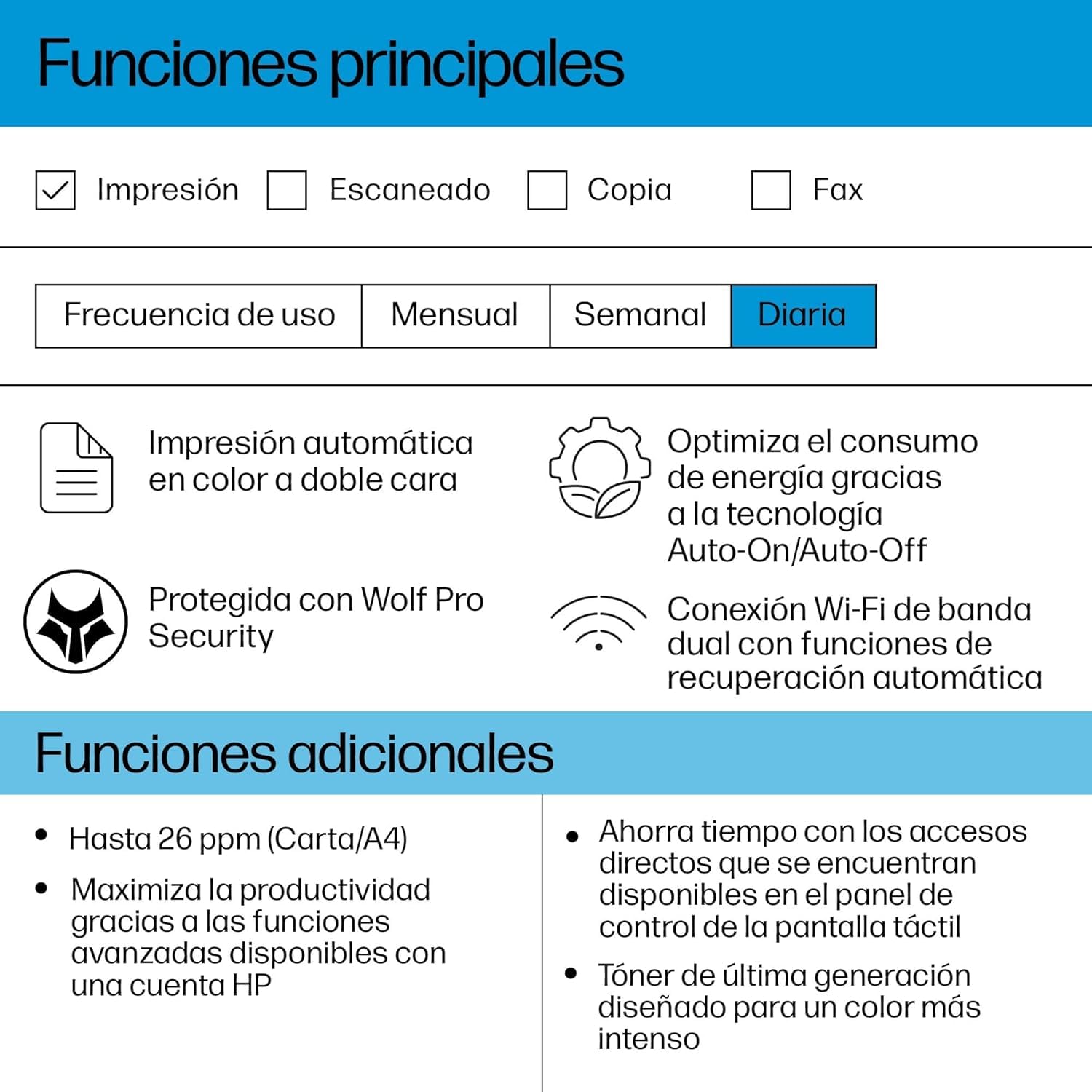 HP Color LaserJet Pro 3302sdw Impresora Láser A4 Multifunción Doble Cara Automática, Escáner, Copiadora 25ppm Wi-Fi Direct Blanca y Azul