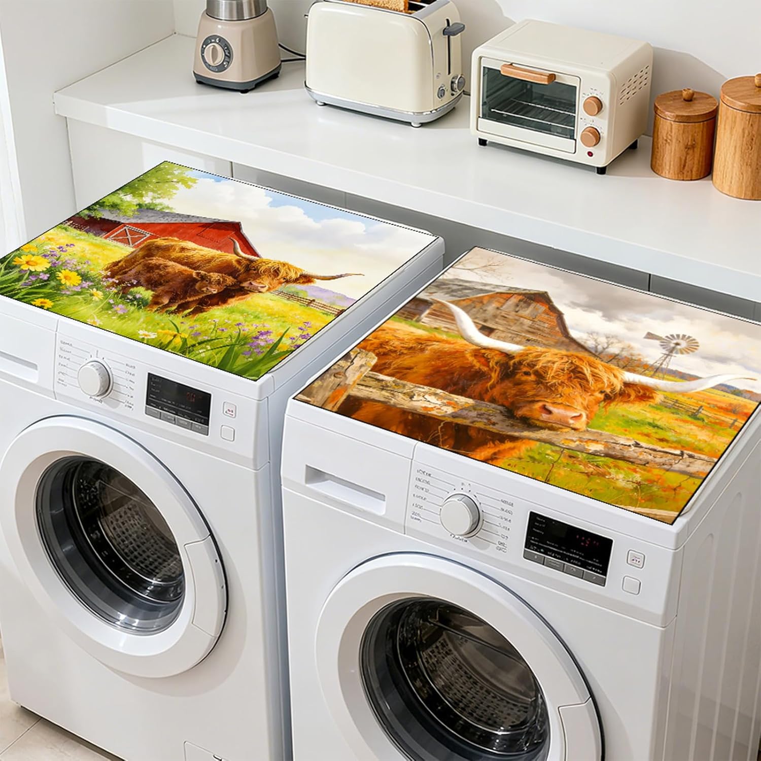 GLOBLELAND 2 Pcs Black Cats With Yellow Eyes Washer Dryer Dust Cover 23.6×23.6 inch Washing Machine Top Protector Pads Non Slip Washing Machine Top Covers for Laundry Room Living Room Table