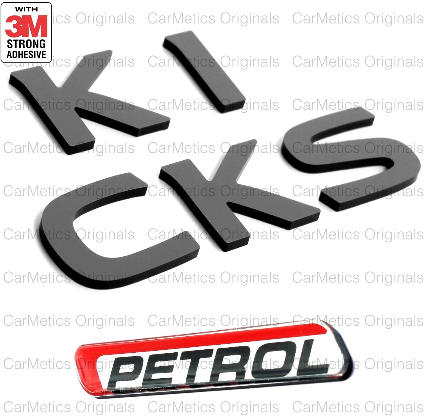 CarMetics Kicks 3D Letters (3D Stickers 3D Logo 3D Emblem for Nissan Kicks Accessories) ? Glossy Black - Strong 3M Adhesive + RED 3D Petrol Emblem