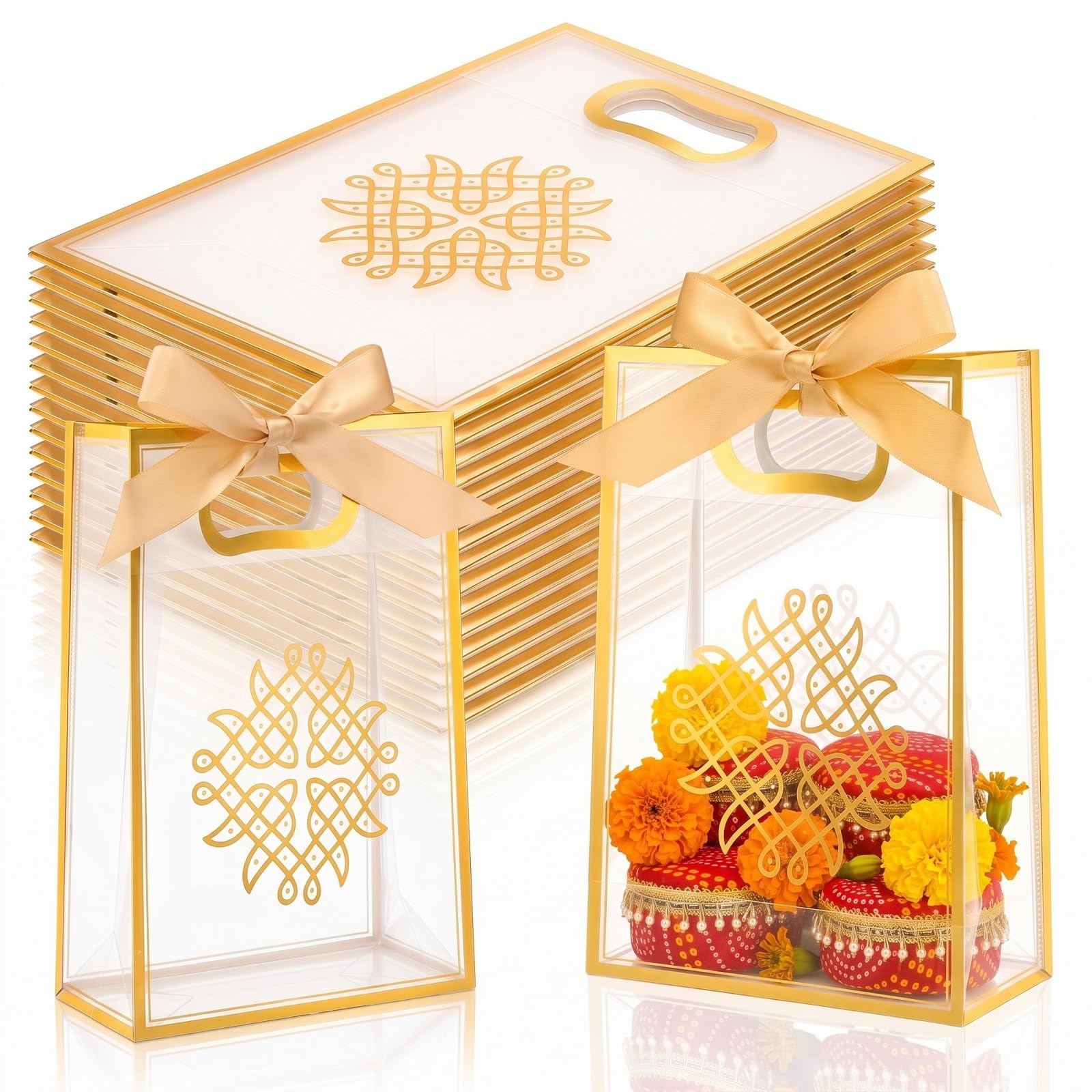 Bulyoou 12 Pcs Indian Return Plastic Gift Bags for Wedding Bulk 10 x 7 Inches Hindu Religious Pooja Wedding Party Favor Bags with Handle Small Diwali Pouch for Indian Pooja Housewarming (Mandala)