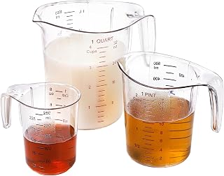Hedume Set of 3 Plastic Measuring Cups with Spout and Long Handle, 1/2/4-Cup Capacity Food-Grade Measuring Jugs, Stackable and Dishwasher Safe