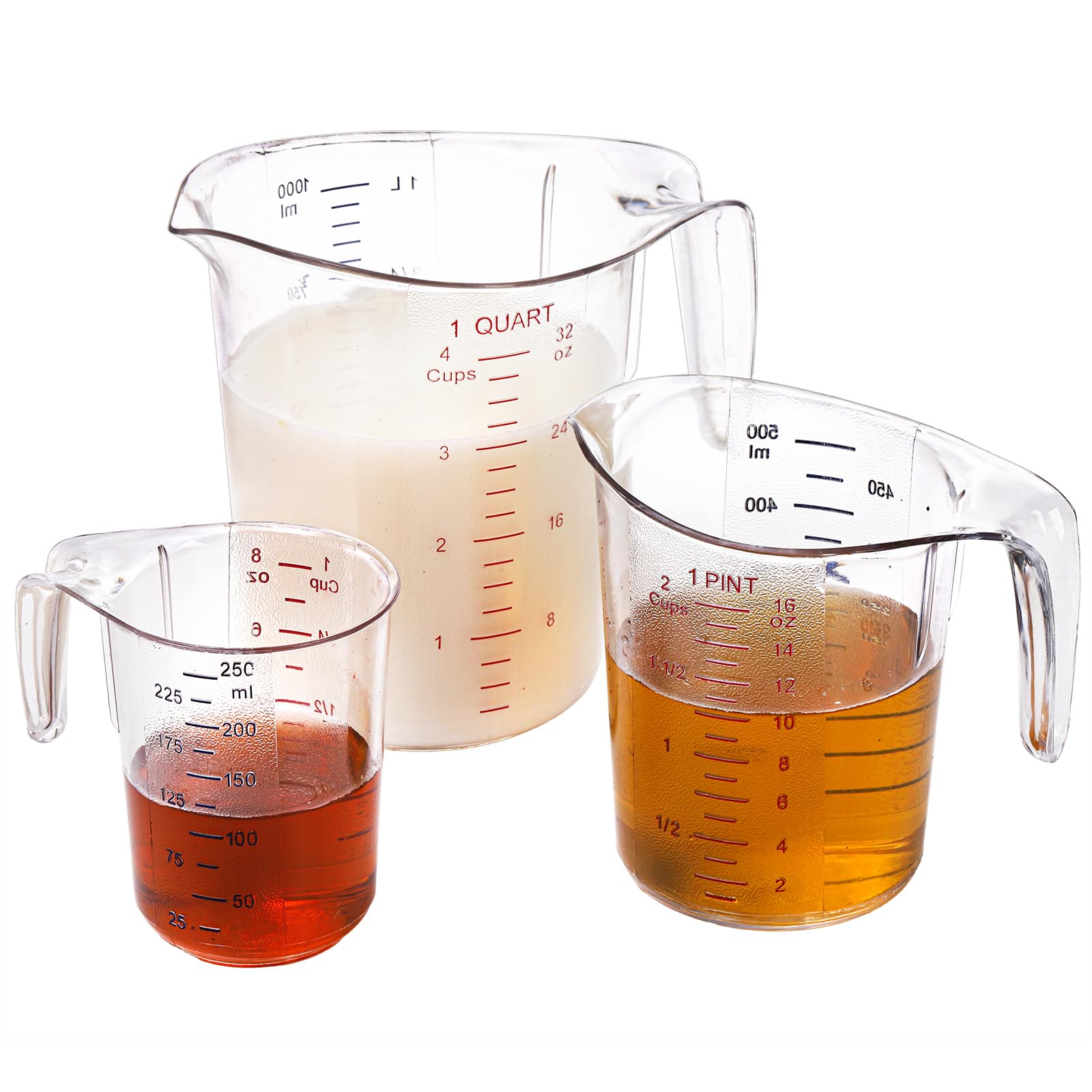 Hedume Set of 3 Plastic Measuring Cups with Spout and Long Handle, 1/2/4-Cup Capacity Food-Grade Measuring Jugs, Stackable and Dishwasher Safe