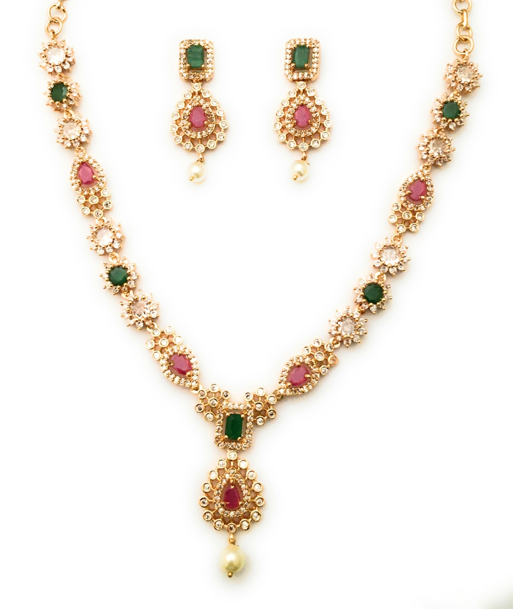 Sasitrends Traditional Micro Gold Plated Multi Color AD American Diamond Jewellery Necklace Jewellery Set for Women and Girls