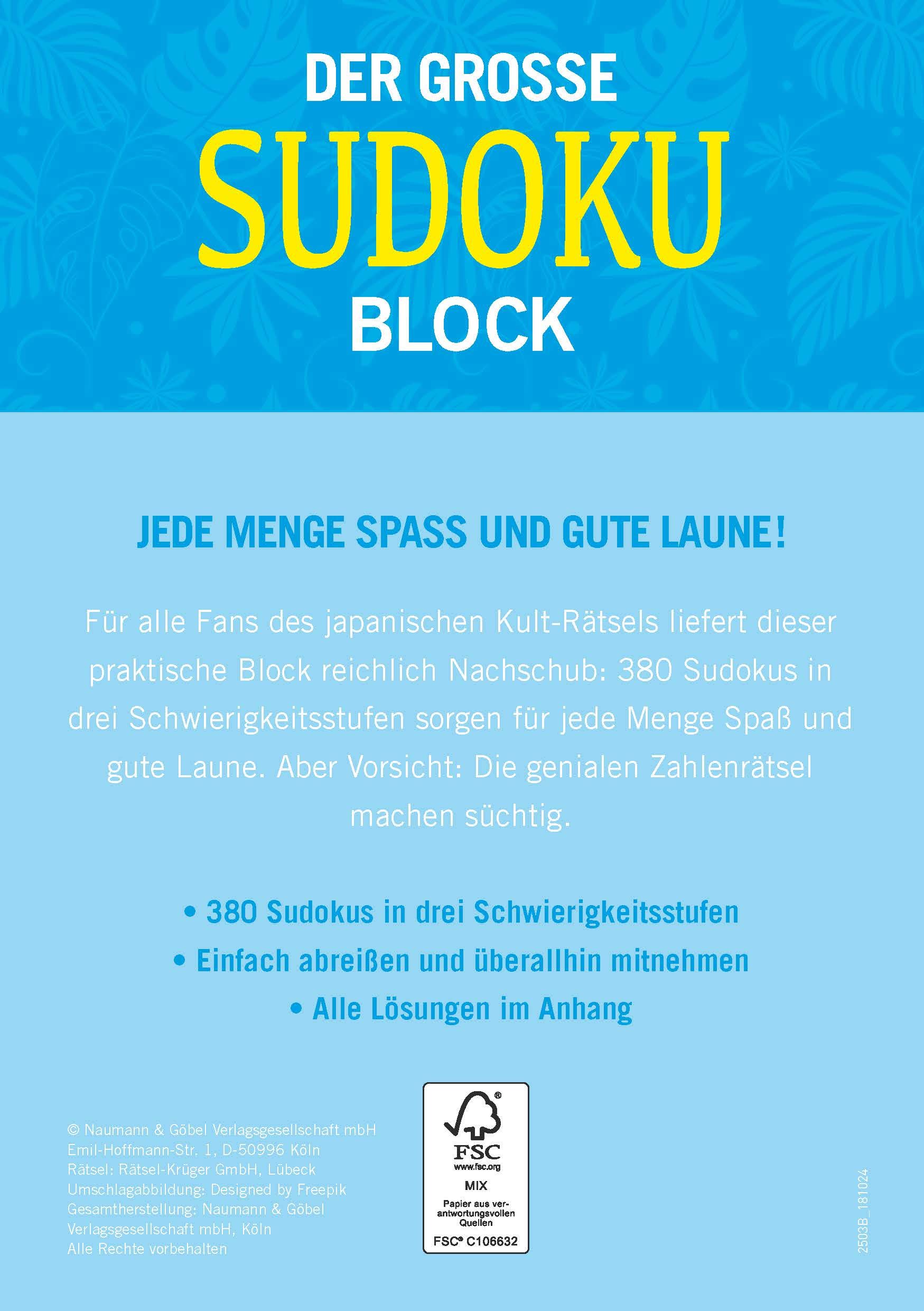 Der große Sudoku Block Band 1: 380 Sudoku-Rätsel für Erwachsene in 3 Schwierigkeitsstufen