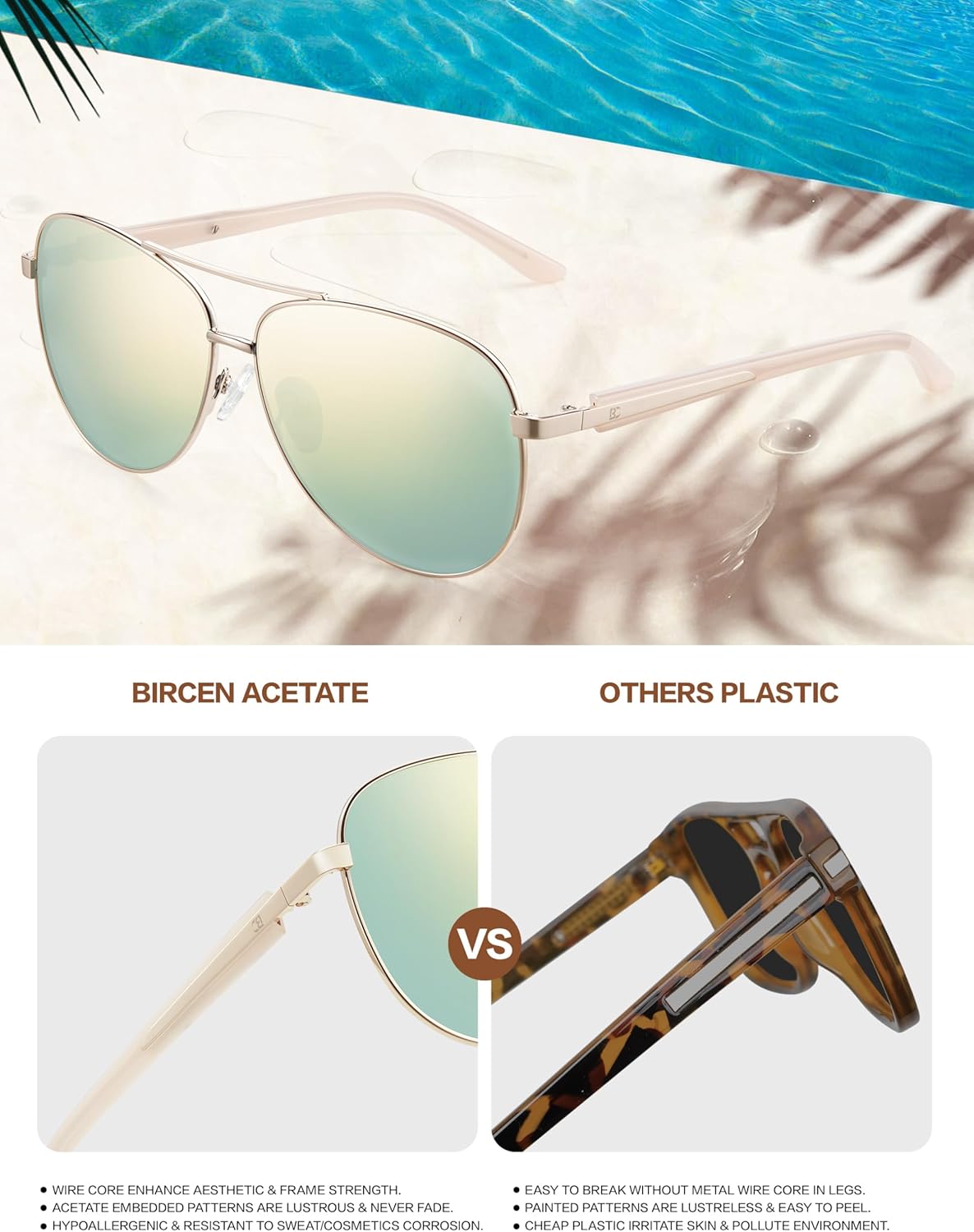BIRCEN Polarized Aviator Sunglasses for Women : UV Protection Acetate Square Sunglass With Retro Classic Style - Image 5