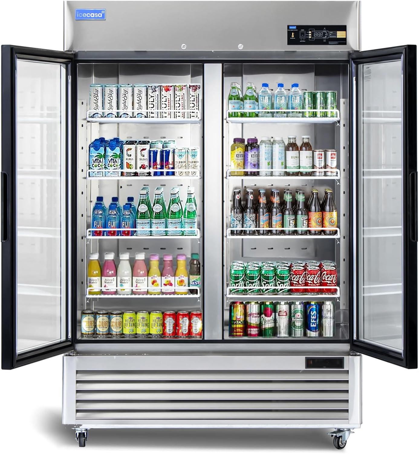 ICECASA 54" W Commercial Display Refrigerator 2 Glass Door Merchandiser Reach-in 49 Cu.ft Stainless Steel Display Refrigerator Fan Cooling for Restuarant, Bar, Shop, etc