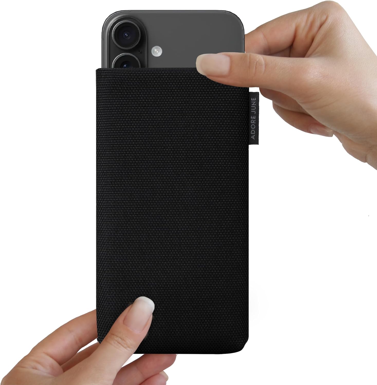 Adore June Protection Sleeve Classic Recycled Black Compatible with iPhone 16 2024, Modern Sustainable R-PES Fabric. Manufactured in Europe