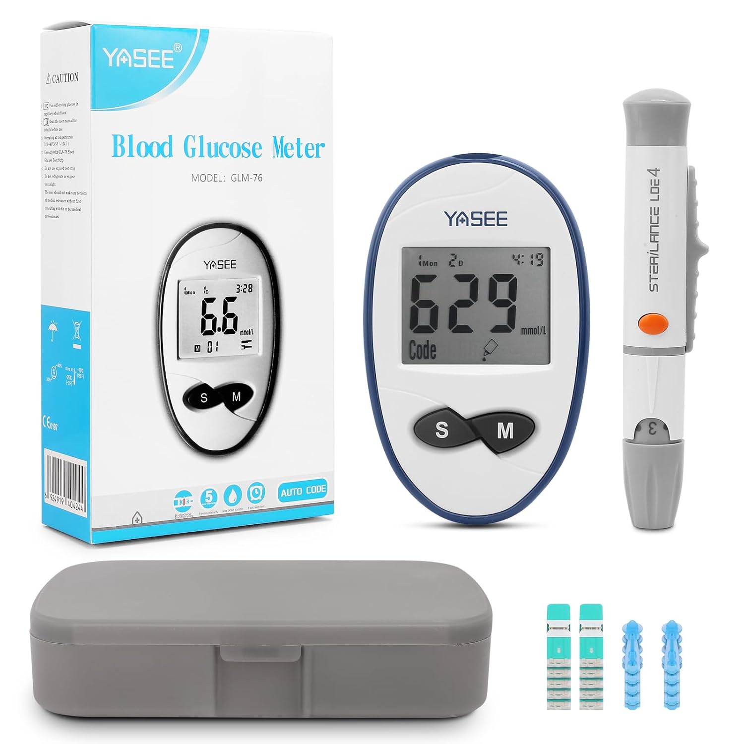Blood Glucose Monitor Kit, 10 Test Strips, 10 Lancets, Auto Coding, 180 Test Memory, Carrying Case, Painless Lancing Device, Blood Sugar Testing for Diabetes, mmol/L