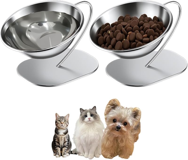 Comedouro elevado inclinado 15° em aço inoxidável para gatos CYUmail T153, pacote com 2