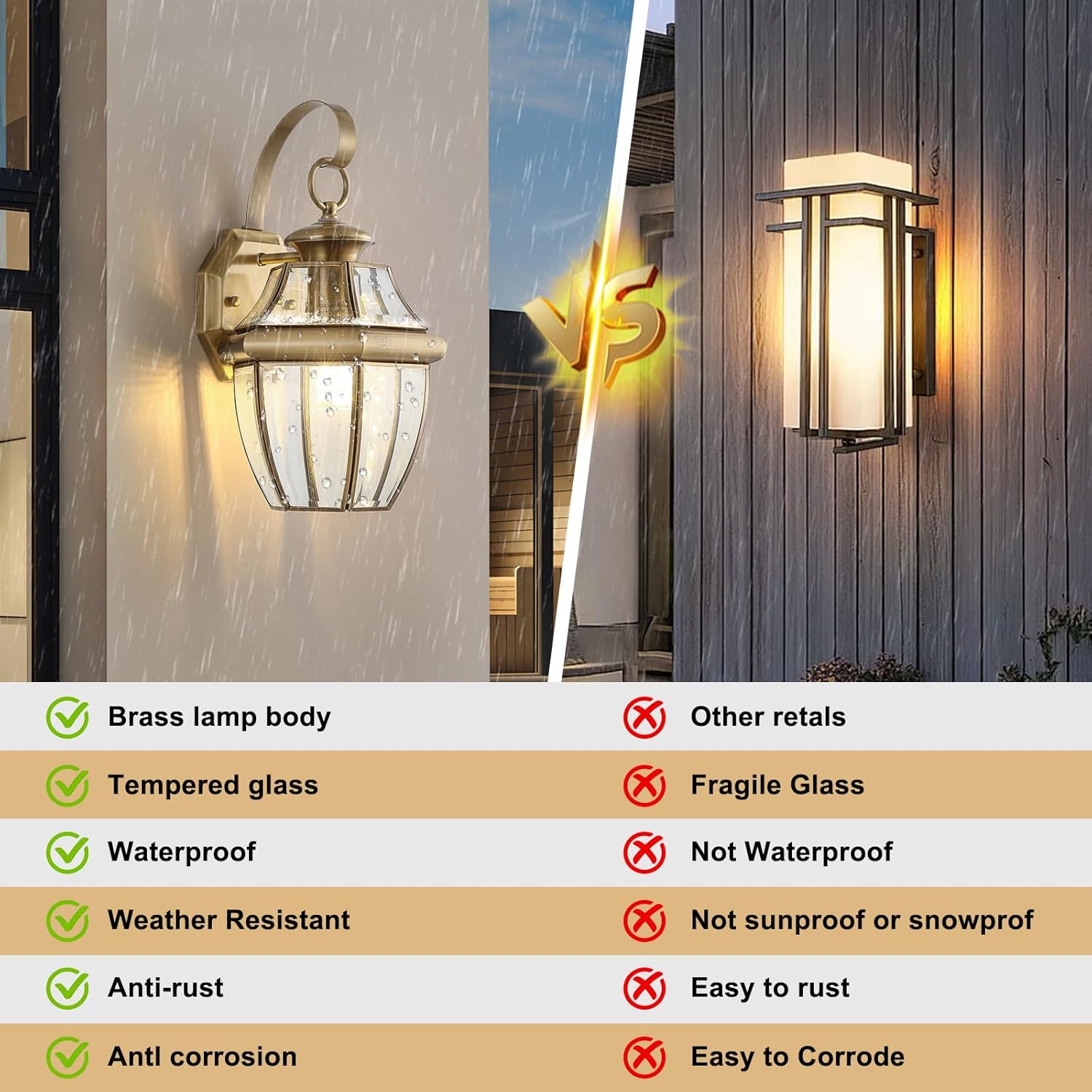 Brass Outdoor Wall Light Fixtures, Modern Exterior Wall Sconce with Clear Glass Shade, Waterproof Anti-Rust Porch Lights for Front Door, Garage & Entryway, E26 Base, 2-Pack