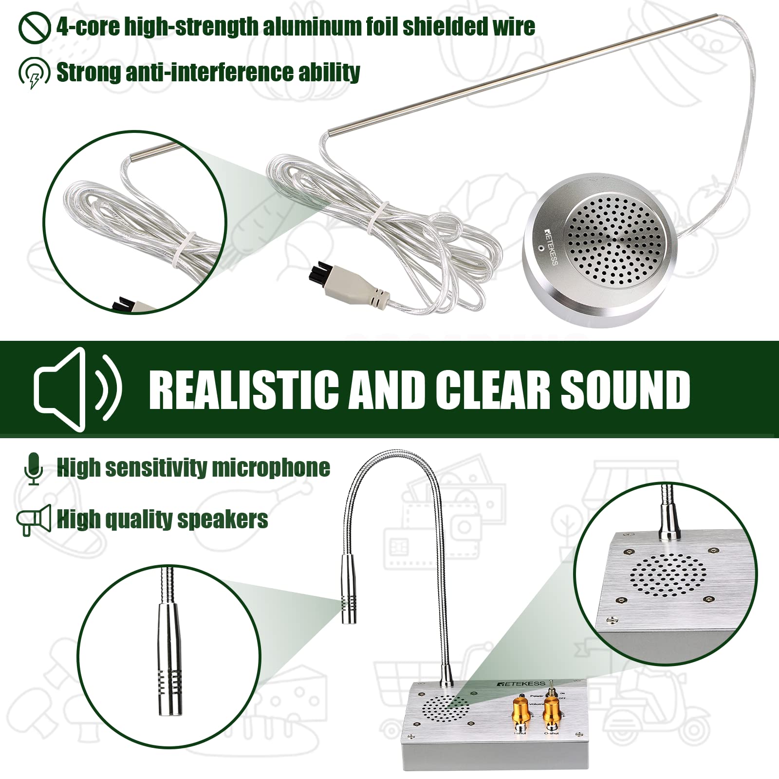 Retekess TW103 Sistema Altavoz de Ventana Sistema Banco de Intercomunicador 2W Micrófono de Ventana de Doble Vía para Banco Oficina Tienda (Plata)