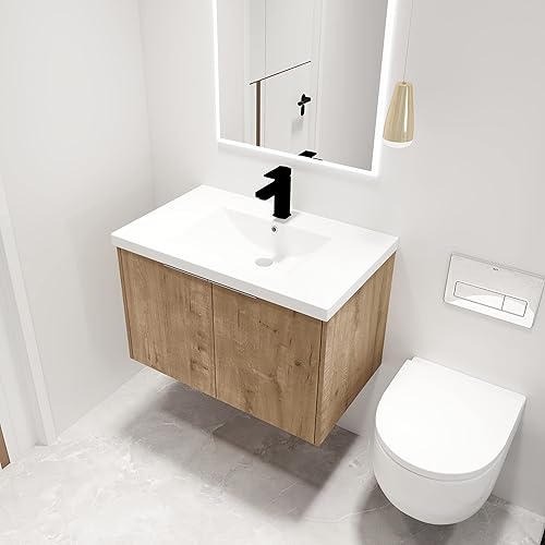 Miniatura 3 de Tocador de baño flotante de 30 pulgadas con lavabo, fregadero Sinle de 30 pulgadas, conjunto de tocador de baño montado en la pared, juego de