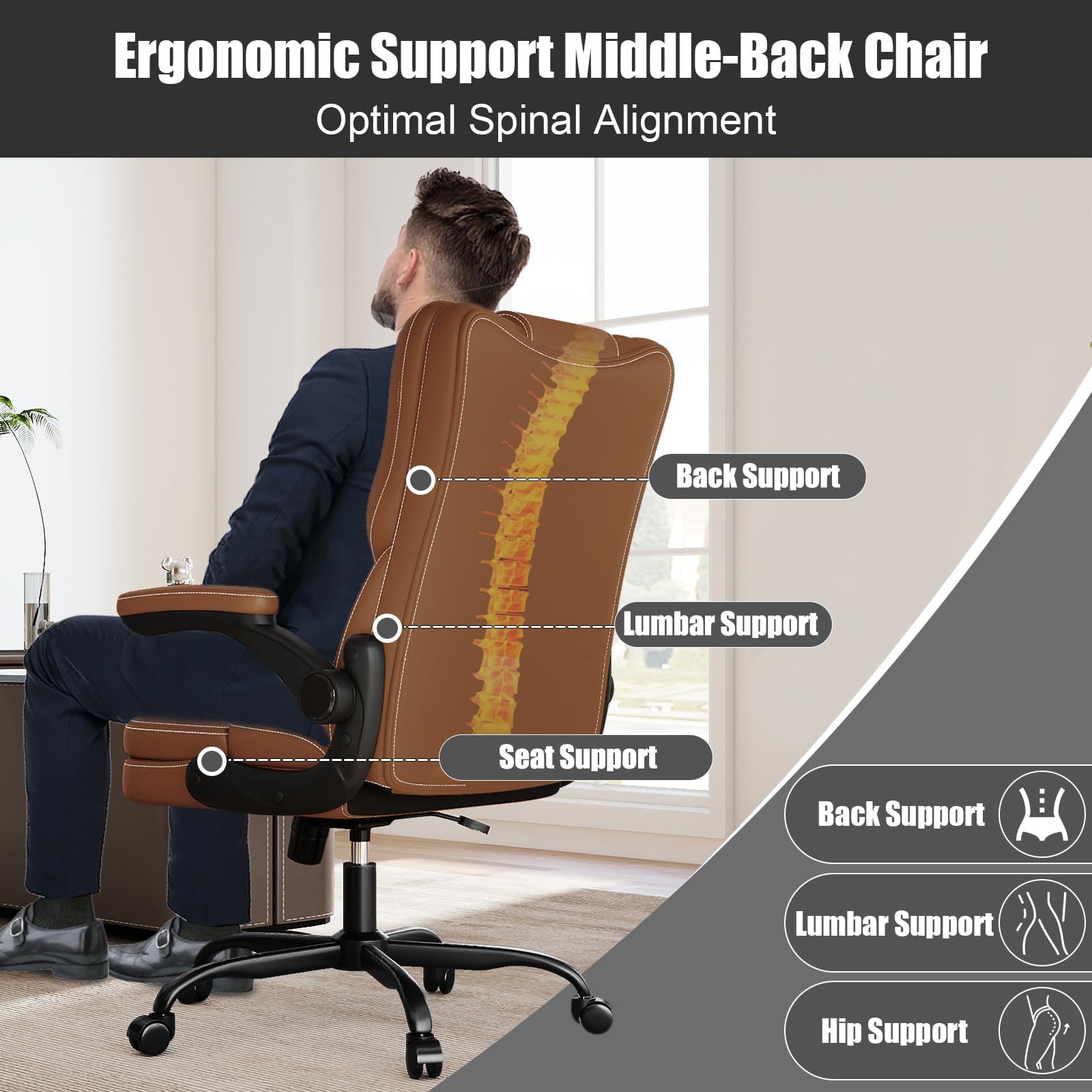 Ergonomic Office Chair with Flip-up Armrests 300lbs,Middle- Tall Computer Office Desk Chair with Lumbar Support,Executive PU Leather Chair with Rocking Function Adjustable Height for Home Office