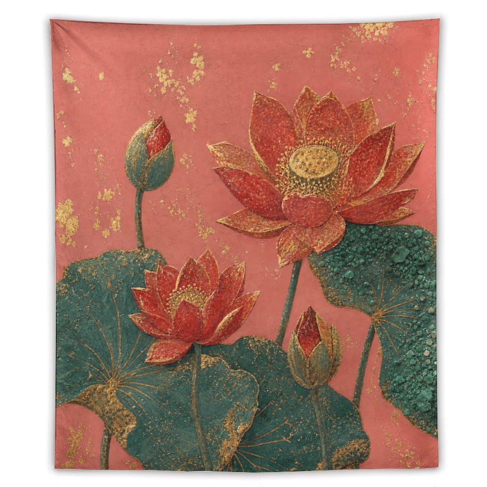 W7C8U2X3 Red Lotus Flowers Wall Tapestry, Asian Ink Style, College Dorm