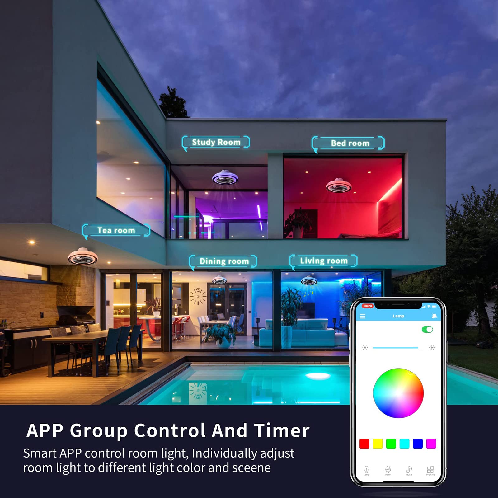 Ventiladores de Techo silenciosos con Luces RGB, Ventiladores de Techo Regulables con lámparas y Control Remoto, y Altavoz de música Bluetooth, Ventilador de Techo con iluminación