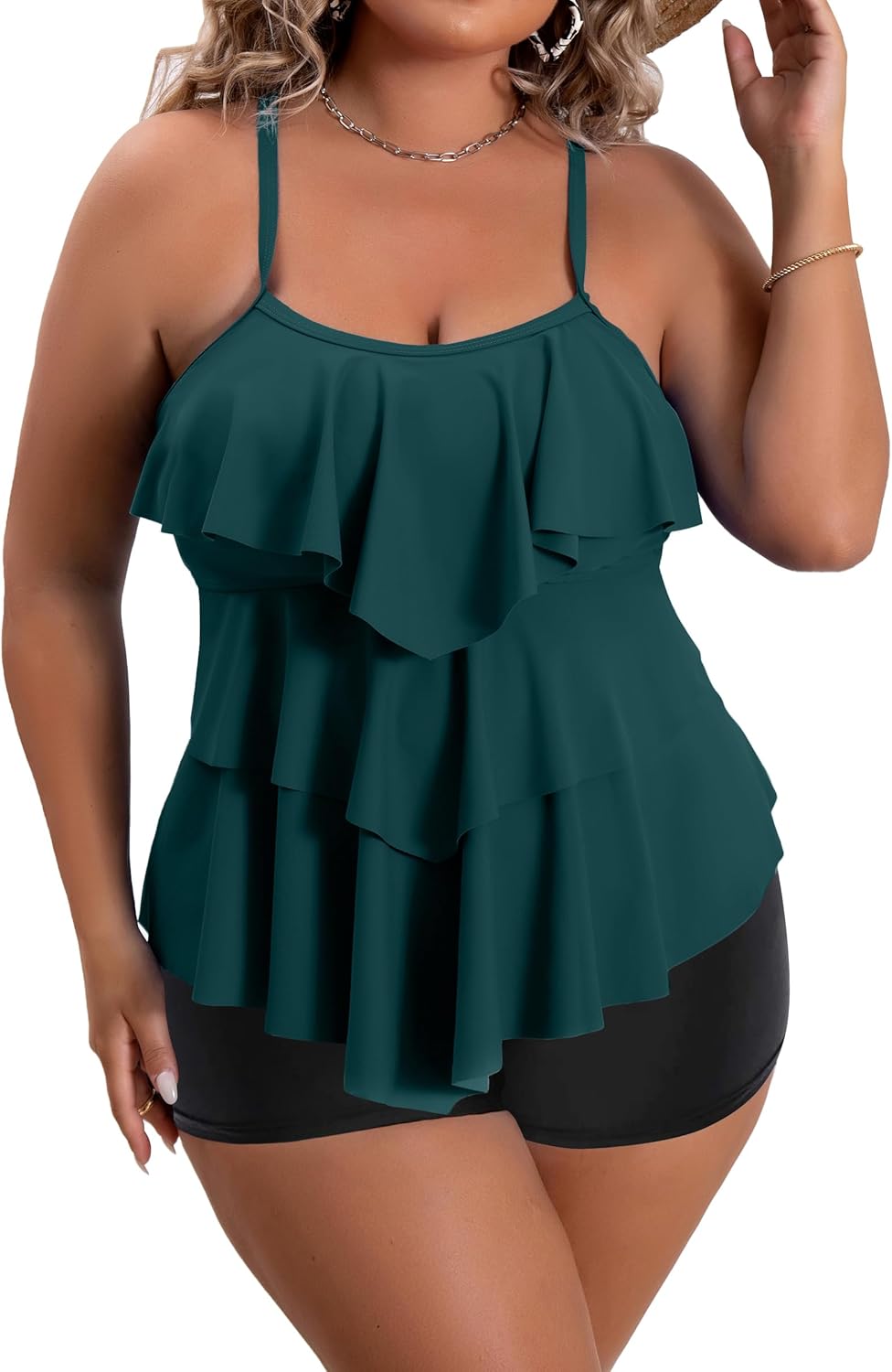 B2prity Women Plus Size Tankini Swimsuits Tummy Control Two Piece Bathing Suit Ruffled Flounce Swimwear with Shorts