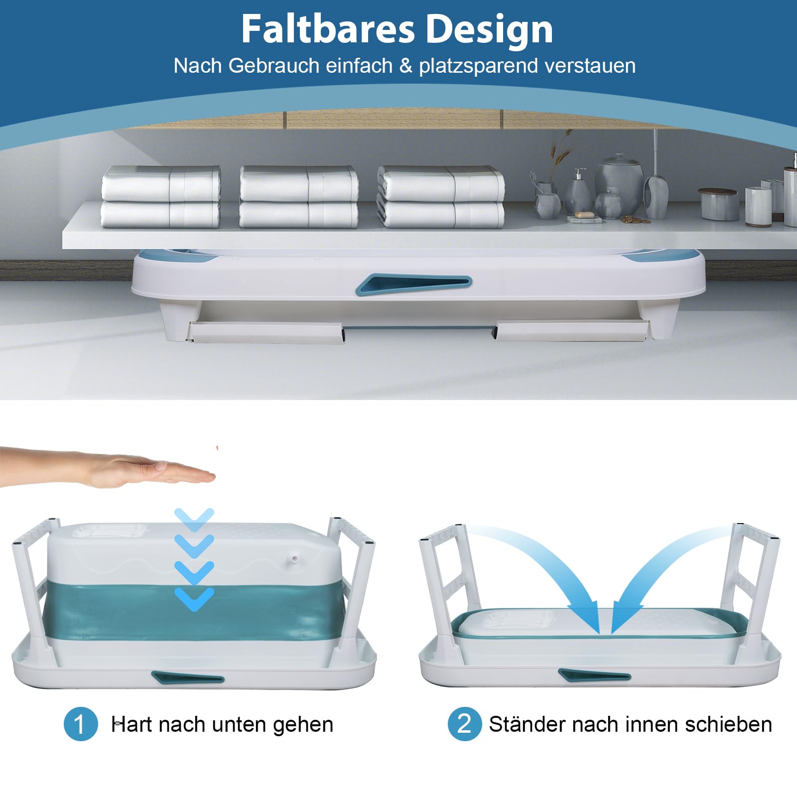 Faltbare Badewanne Erwachsene, Mobile Klappbadewanne mit Abnehmbarer Abdeckung, Tragbare Bathtub für Dusche & Badezimmer, Sitzbadewanne mit Seifenkorb & Nackenkissen Blau