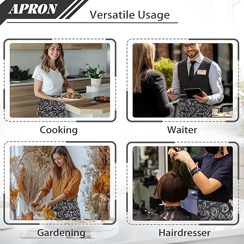 Miniatura 5 de Delantal de cintura para camarera con 3 bolsillos, delantales lavables medio cortos con correas para camarera, mujeres y hombres