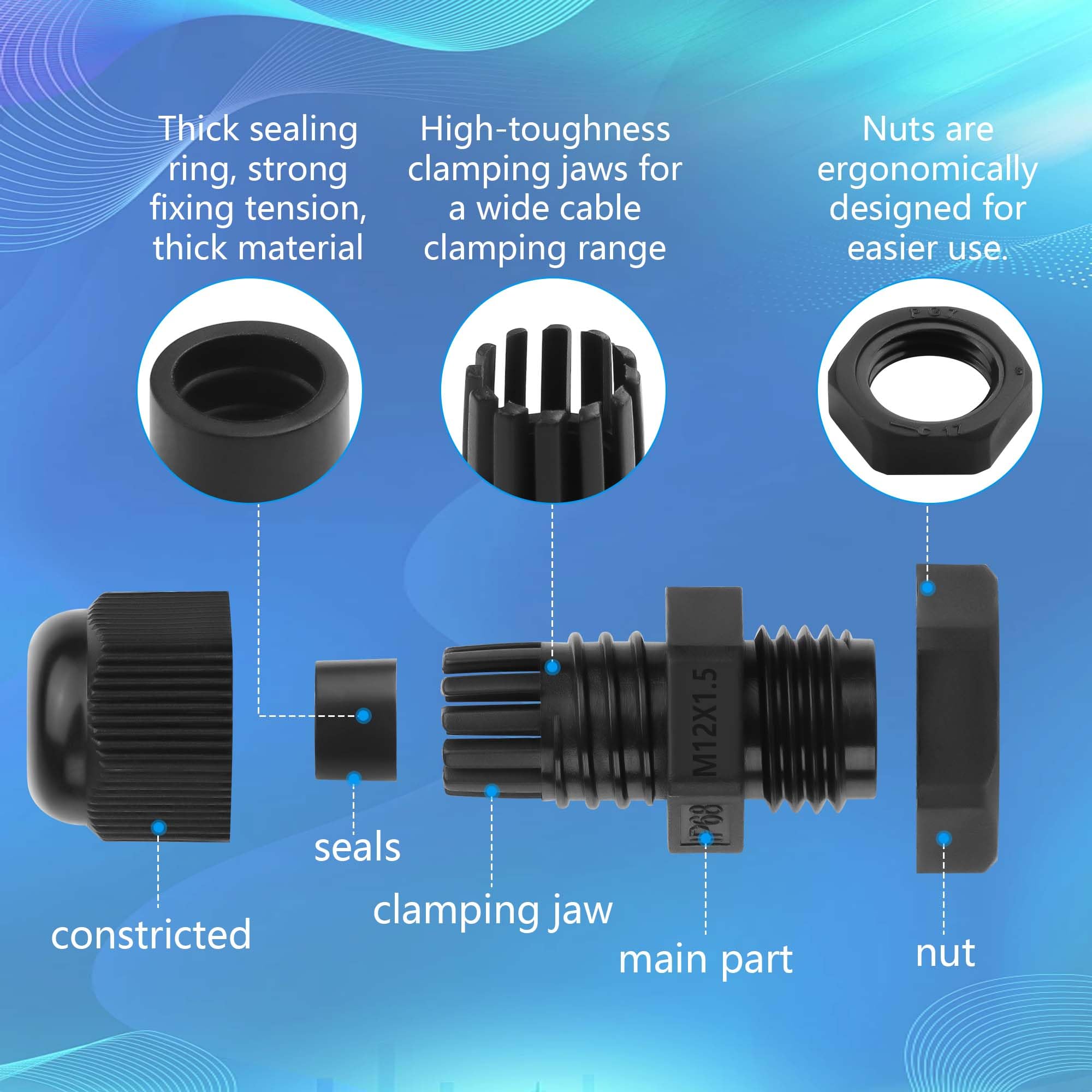 GINTOOYUN 10 unidades M12 x 1,5 glándula de cable impermeable de nailon articulado 3 mm 6,5 mm