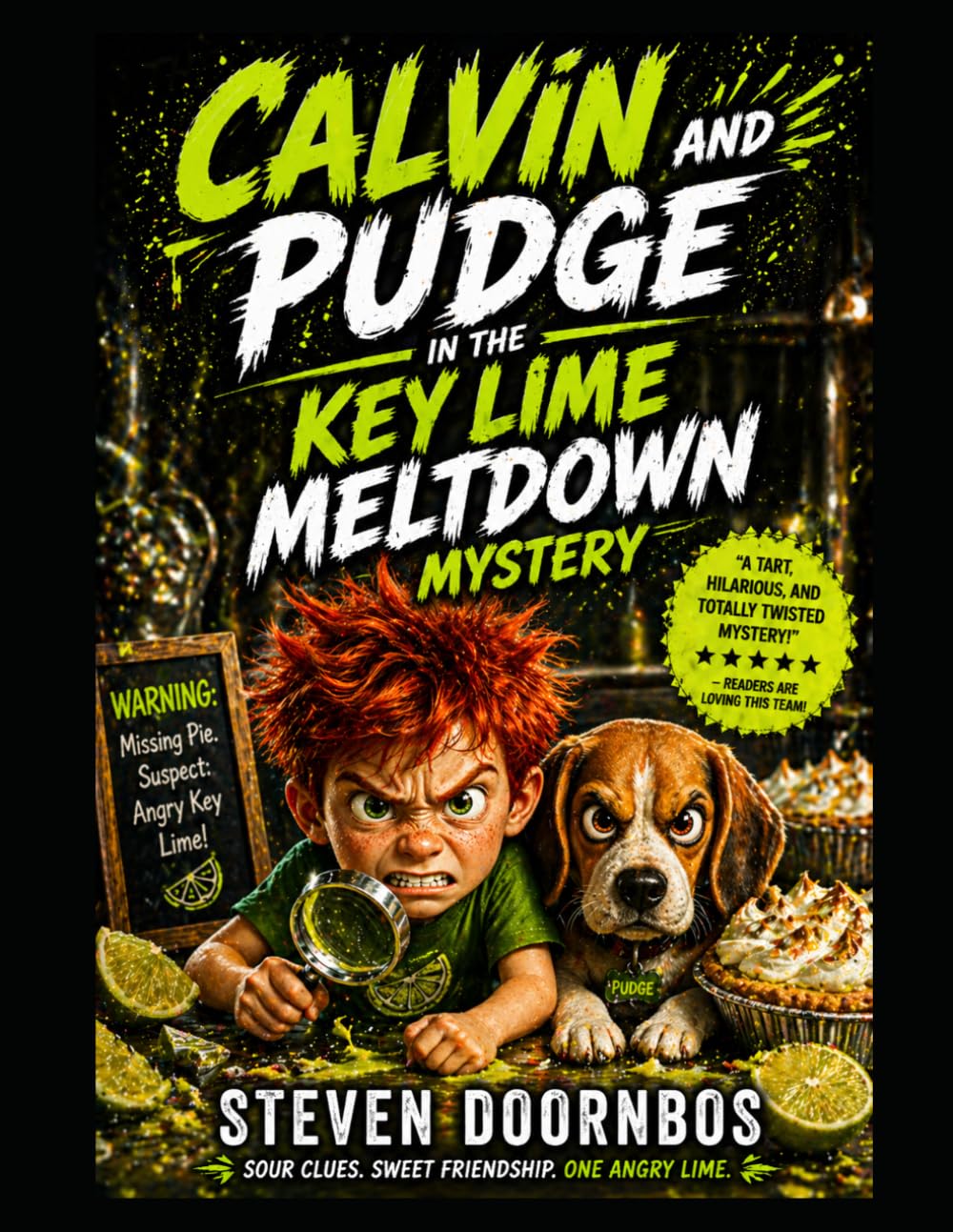 Calvin and Pudge in the Key Lime Meltdown Mystery. A tart, hilarious and totally twisted mystery that must be solved: Sour clues, sweet friendship and one Angry Lime