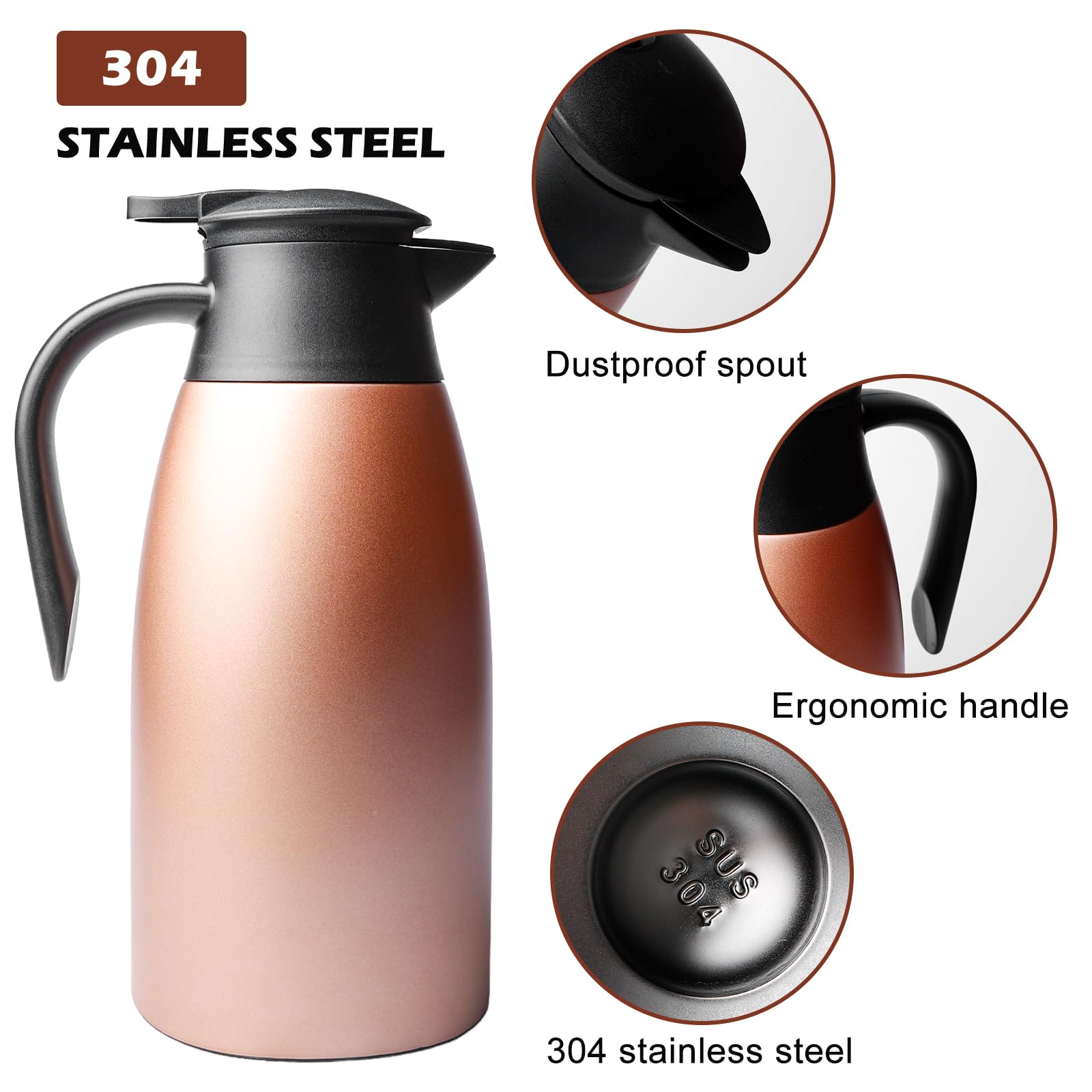 Caffettiera in acciaio inox: thermos da 2 l, rosa caffettiera thermos, a doppia parete, per uso domestico, in acciaio inox, per famiglia e ufficio, caraffe per bevande calde e fredde