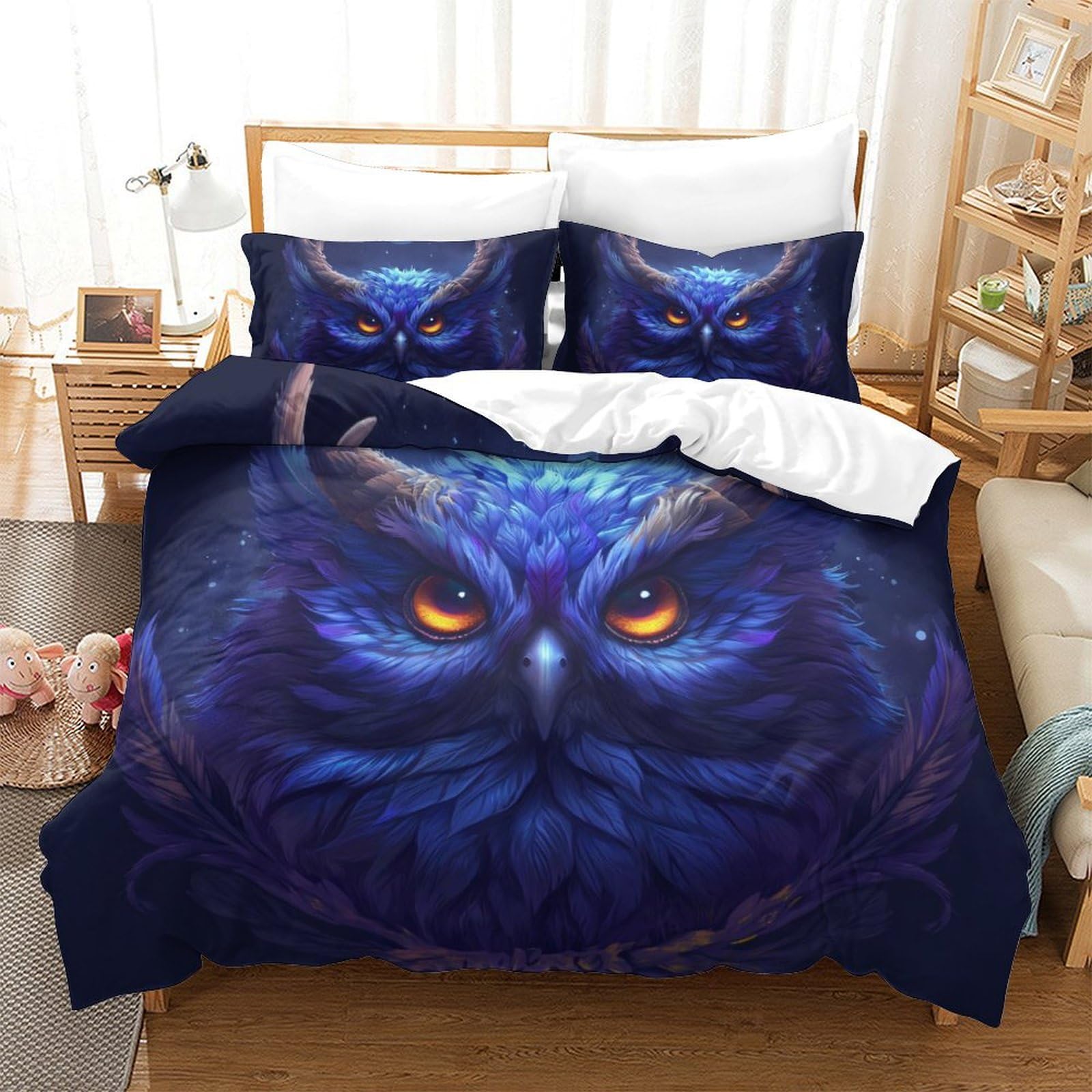 Parure de lit chouette 3D en microfibre 260x220 cm avec housse de couette et taies d'oreiller