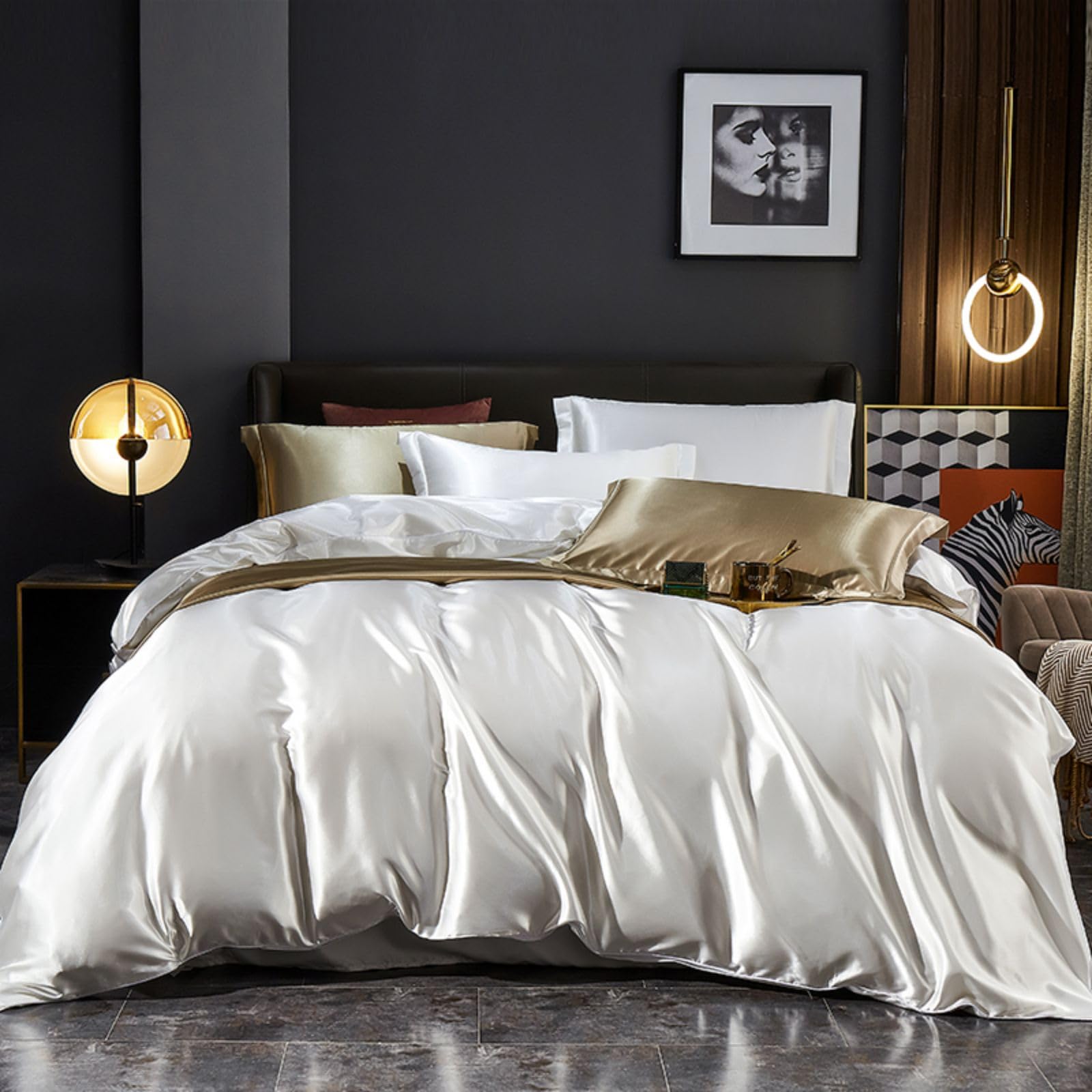 Freyamy - Funda de edredón (240 x 260 cm, 2 fundas de almohada de 65 x 65 cm, color blanco liso, lujo, juego de funda nórdica de satén de seda brillante con cremallera