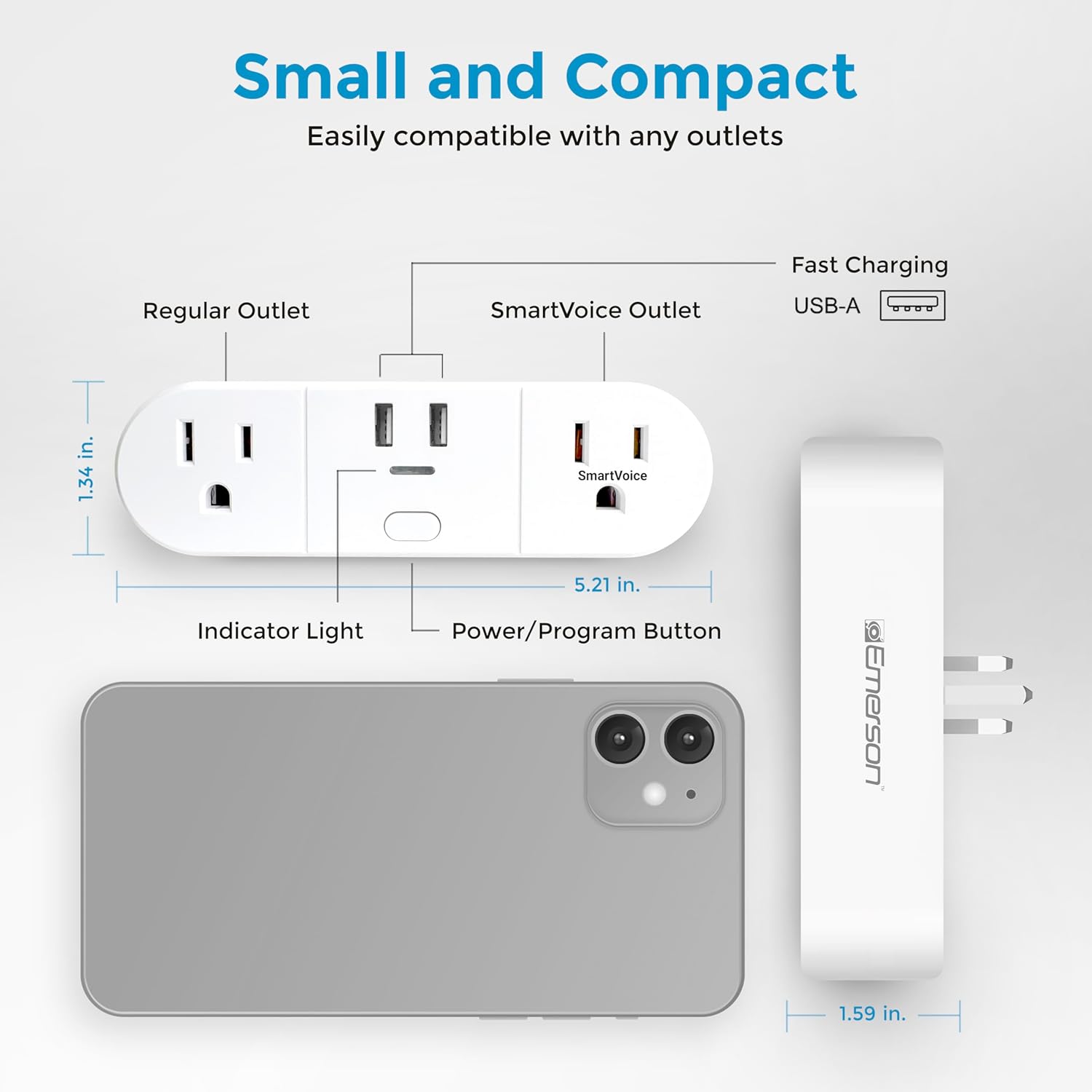 Diagram of the Emerson SmartVoice Wall Plug showing its dimensions and labeling its components: Regular Outlet, SmartVoice Outlet, Fast Charging USB-A, Indicator Light, and Power/Program Button.