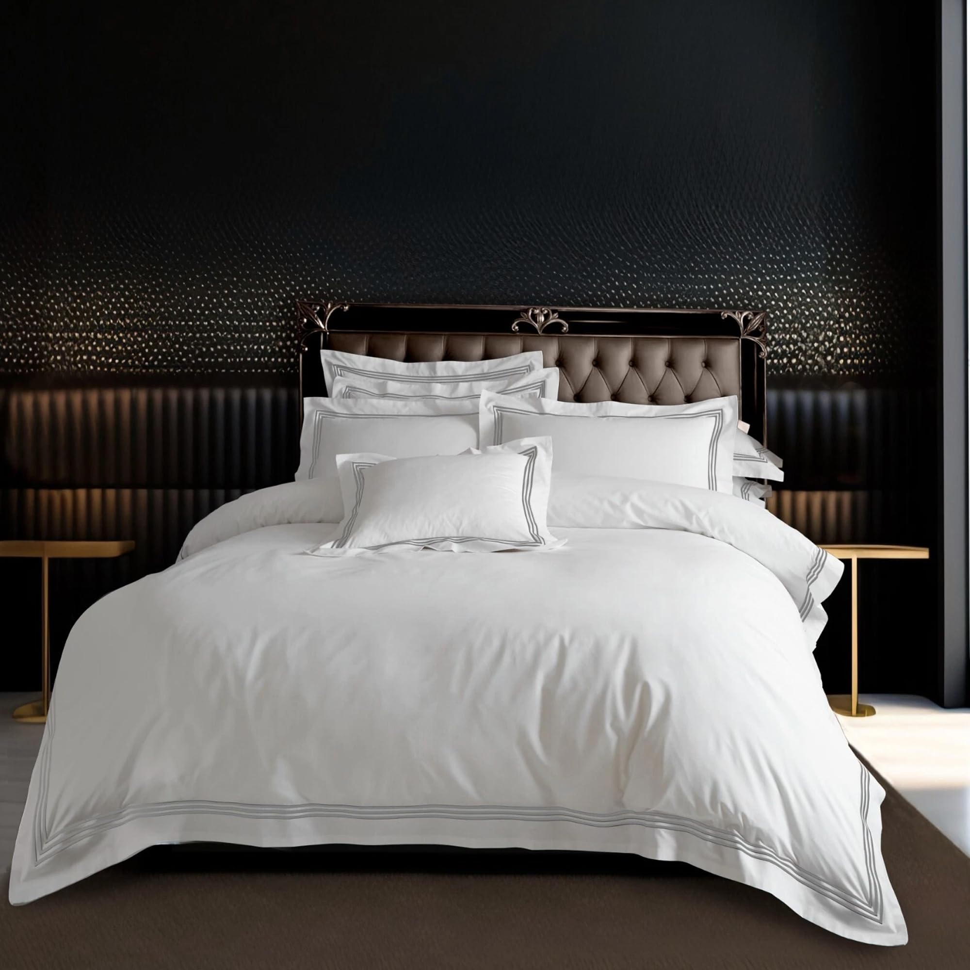 Lions White/Grey Double Duvet Cover Sets - Soft Luxury Poly Cotton Embroidered Bedding With 2 Matching Pillowcases, Hotel Quality Quilt Covers, 200X200cm