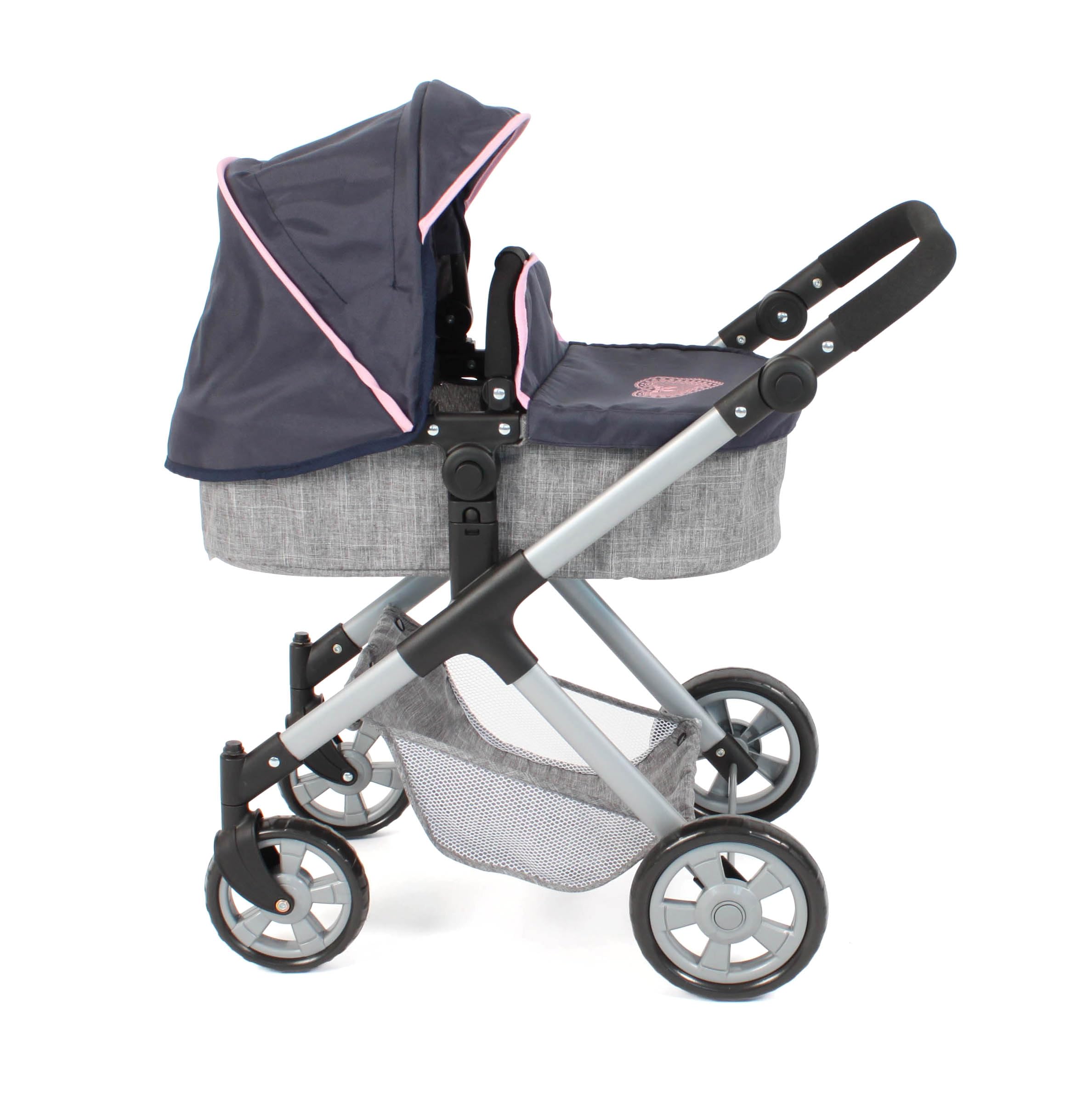 Bayer Chic 2000 Puppenwagen Mila | 2in1 Kombi-Buggy Melange Grau | Edler 2in1 Kombi-Puppenwagen mit wendbarem Sportsitz, Babywanne & Schwenkrädern. Melange Grau, Griff verstellbar 39-72 cm.