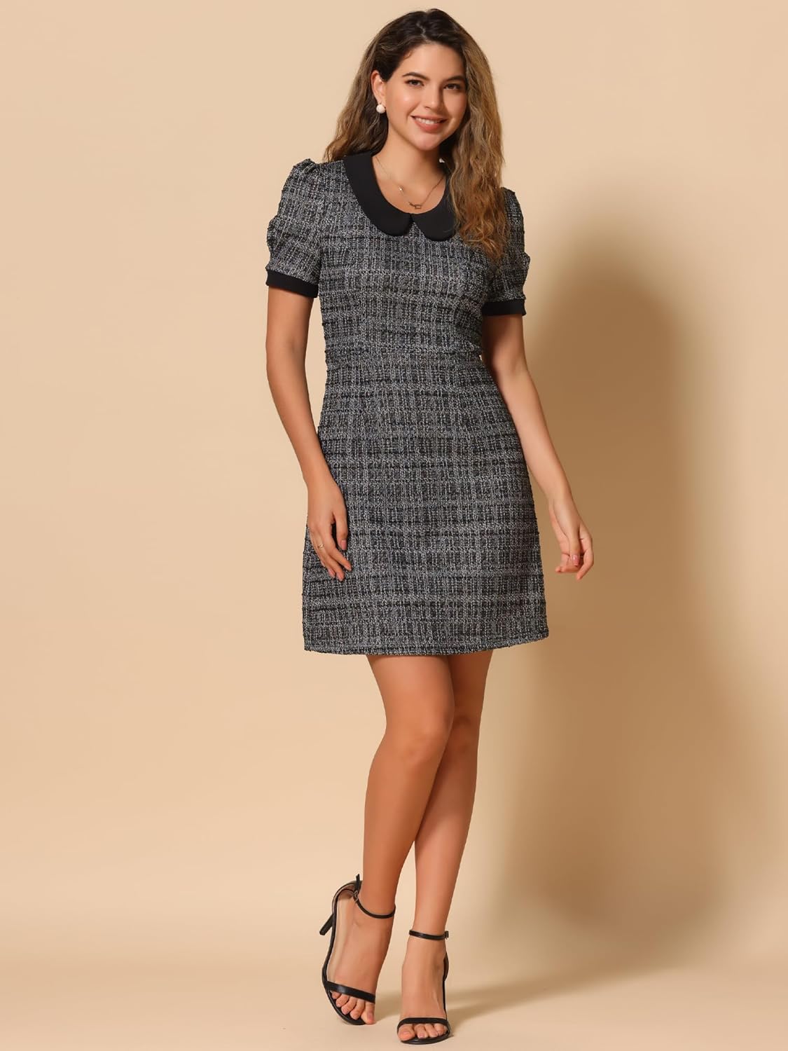 Allegra K Peter Pan Collar Dresses for Women's Plaid Puff Short Sleeve Mini Tweed Dress - Image 3