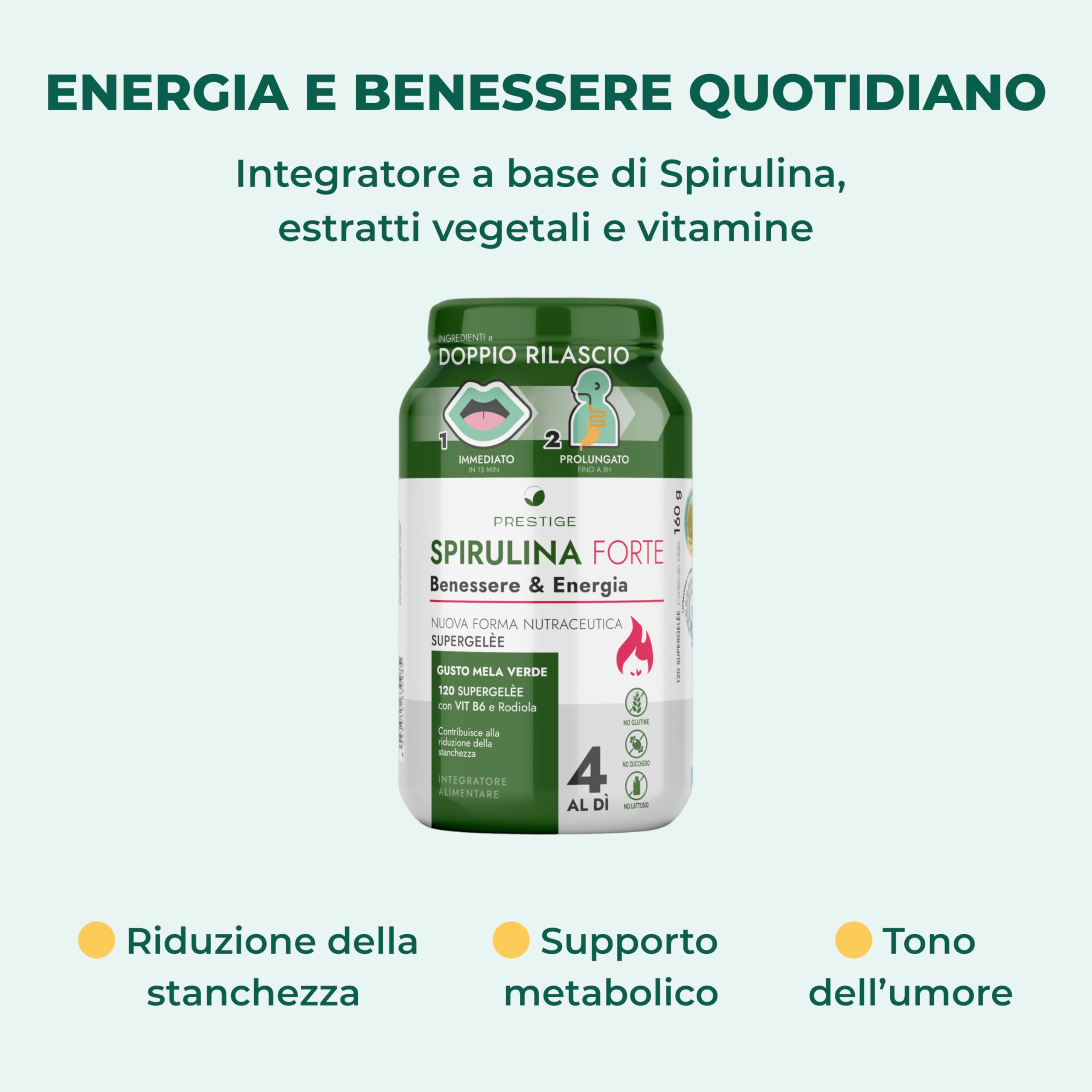Integratore con SPIRULINA FORTE, 120 Gommose Supergelée Mela Verde - Spirulina: Dona Energia, Focus Mentale e Riduce Stanchezza - Supporto Metabolico