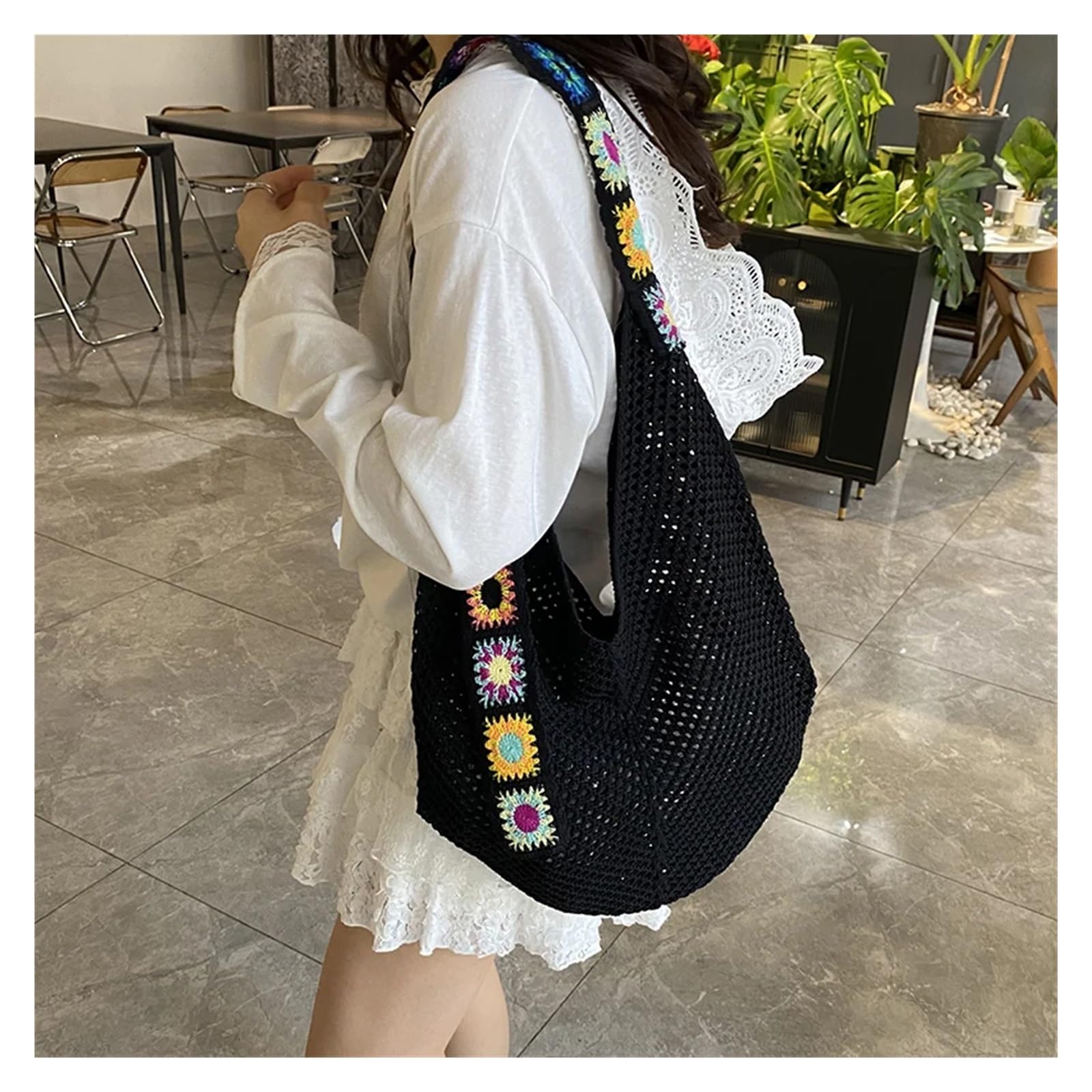 Bolso Ganchillo Flores Bolso de mano tejido hueco, fresco y veraniego: gran capacidad, de un solo hombro, ideal for ocio y vacaciones.