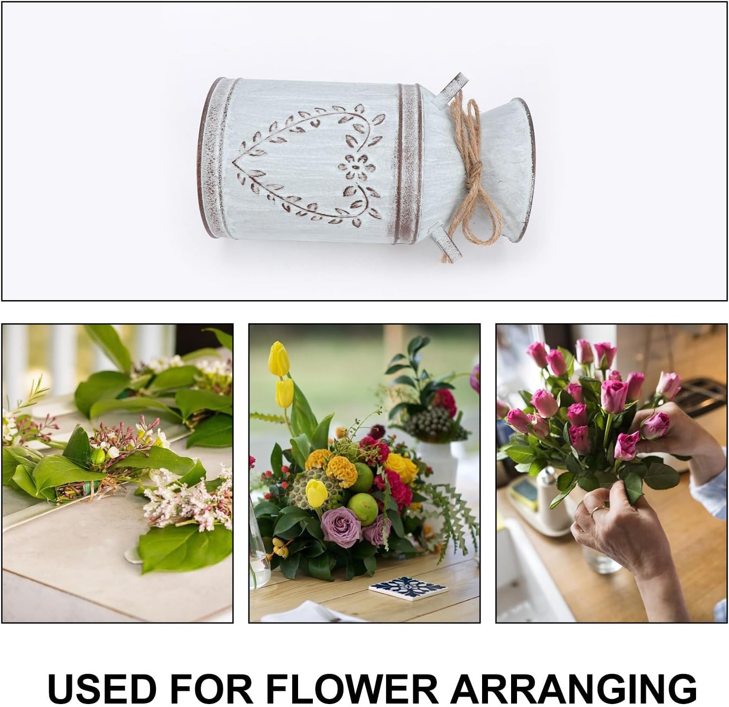 2pcs Metal Flower Vase Galvanized Milk can Watering Jug, Rustic Flower Pitcher Farmhouse Vase with Heart Shaped for Home Office Garden Wedding Decor Indoor and Outdoor Table Centerpiece