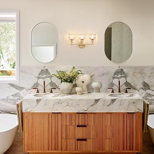 Miniatura 9 de Lámpara de baño, lámpara de pared de latón de 3 luces sobre espejo con pantalla de cristal de tulipán transparente para dormitorio, sala de estar